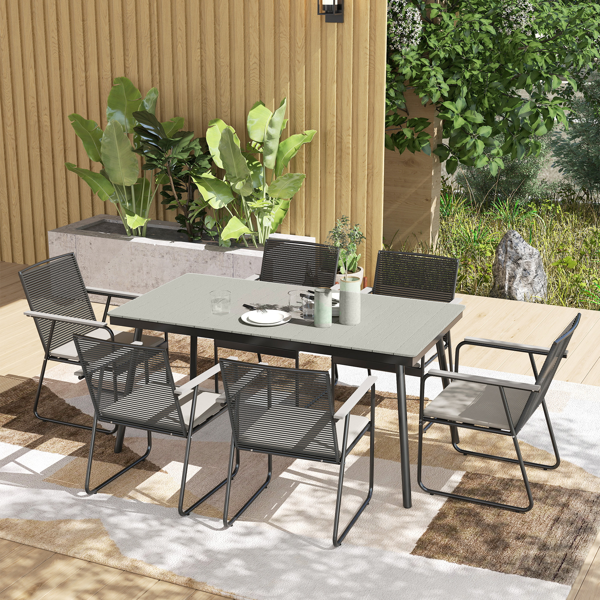 Outsunny Sitzgruppe 7-teilig Metall Essgruppe für 6 Personen Esstisch mit Tisch 6 Stühlen Esszimmergruppe Grau+Schwarz