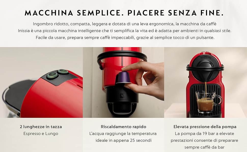 Il testo recita 'MACCHINA SEMPLICE. PIACERE SENZA FINE. ' Pubblicità della macchina da caffè con diverse visualizzazioni dettagliate del prodotto e istruzioni per l'uso in italiano.
