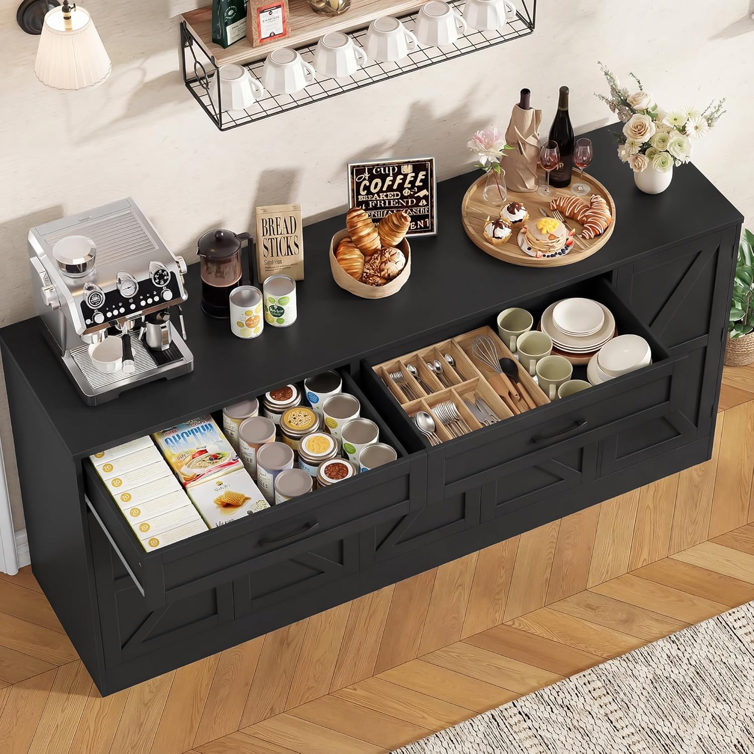 71” Large Sideboard Buffet Cabinet with Storage, Farmhouse Buffet Cabinet with Adjustable Shelves and 3 Door Shelves, Wood Coffee Bar Console Table for Kitchen, Dining Room (Black)