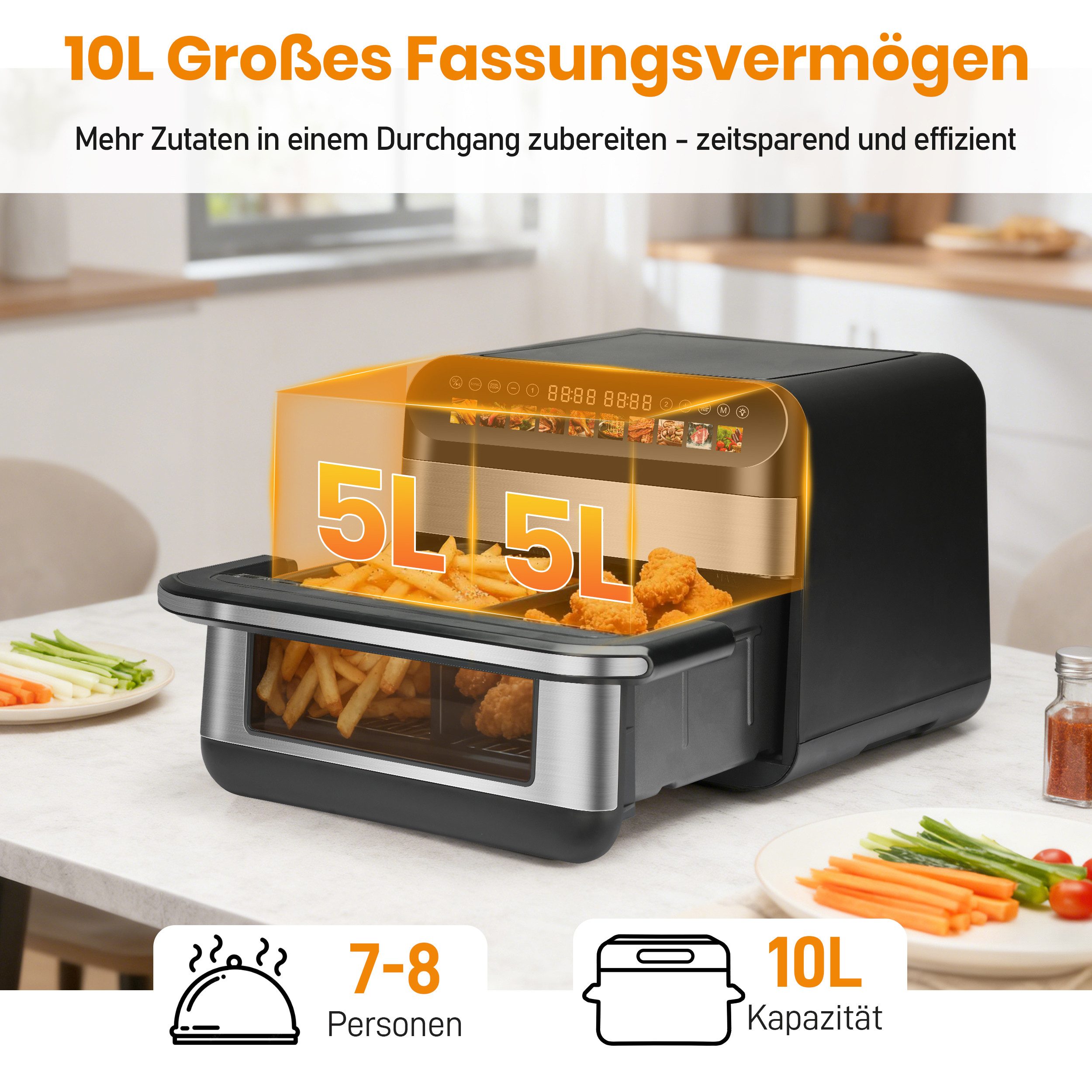 Heißluftfritteuse 10 L Doppelkammer Airfryer – Doppelbehälter-Modus mit unabhängiger Steuerung