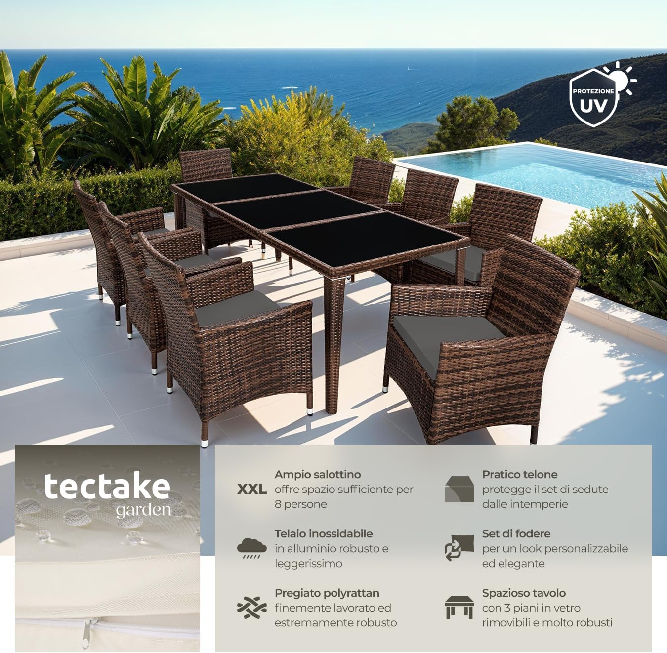 tectake Garden Furniture Set, Set of 8 Chairs and Garden Table, Adjustable, Soft Cushions, 2 Sets of Covers, Rain Cover, Outdoor Rattan Set - Black/Brown