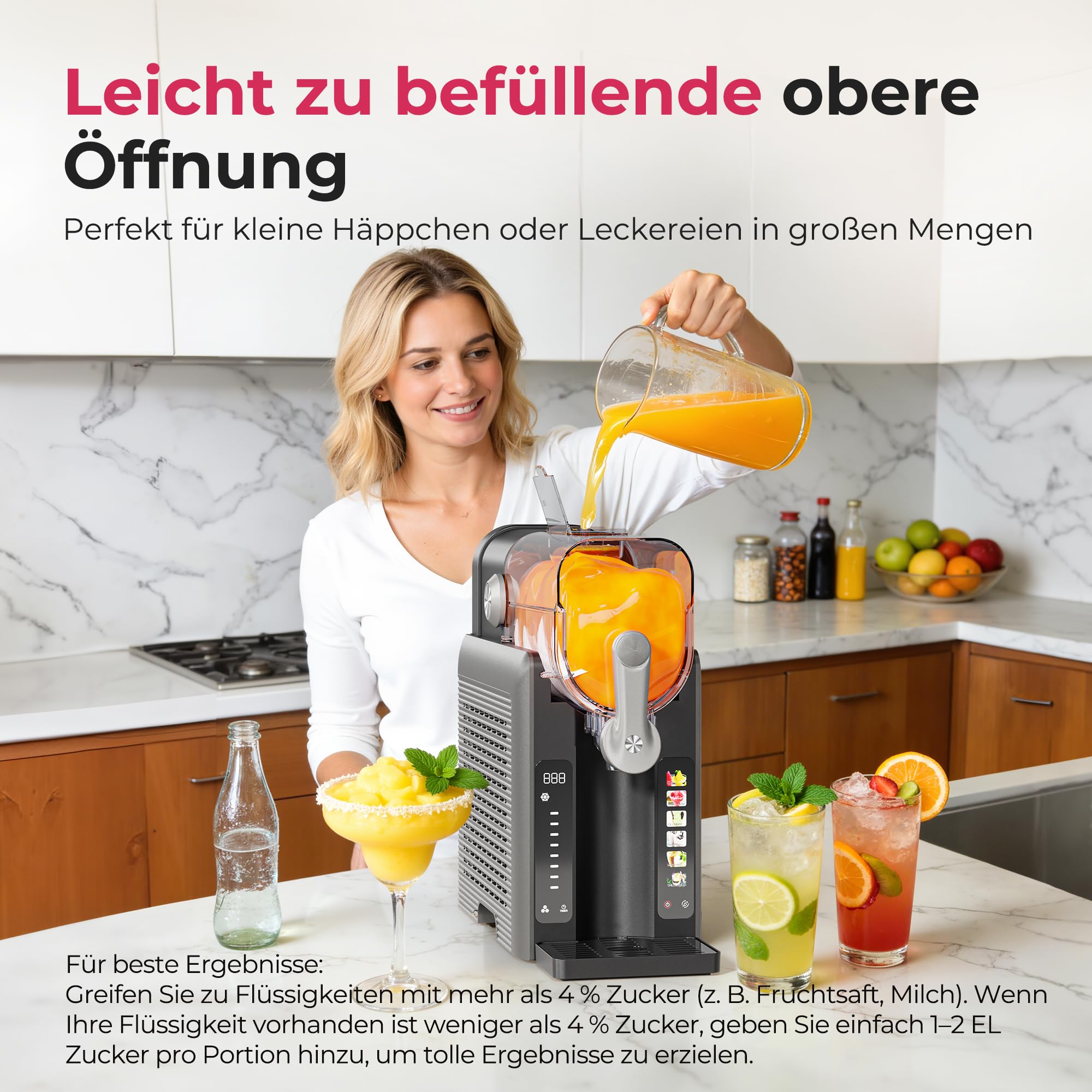 Slush-Eismaschine mit 6 Modi und 8 Stufen, 2,6 L für Slush, Eiscreme, Frappé und Milchshake, selbstreinigend