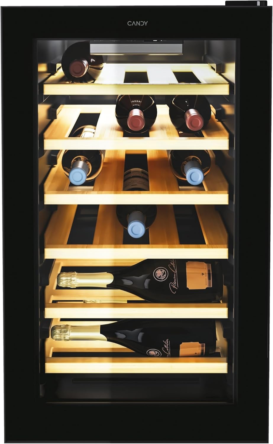 Candy DiVino, CWCEL 210/NF, Cantina Vino, 21 bottiglie, 39 dB, APP hOn,Vetro Anti-UV, Monozona, Nero, AxLxP 70x40x54,5 cm [Classe G]