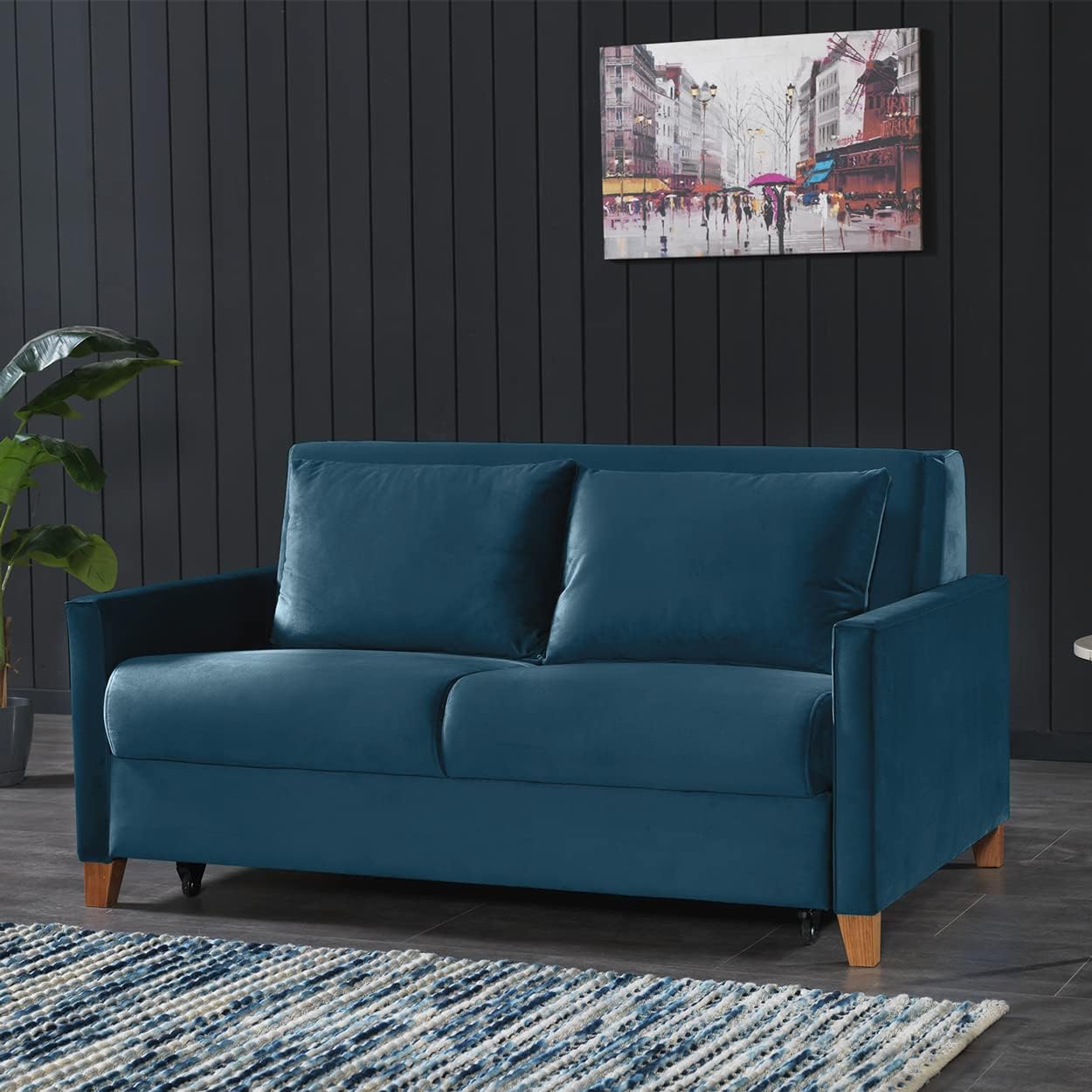 EVERGREENWEB - Divano Letto 2 Posti Matrimoniale L165xP110xA90 con Box Contenitore, Struttura Pieghevole Imbottita Tessuto Blu, Schienale a Doppio Cuscino, Sofà con Chaise Longue Estraibile, CALION
