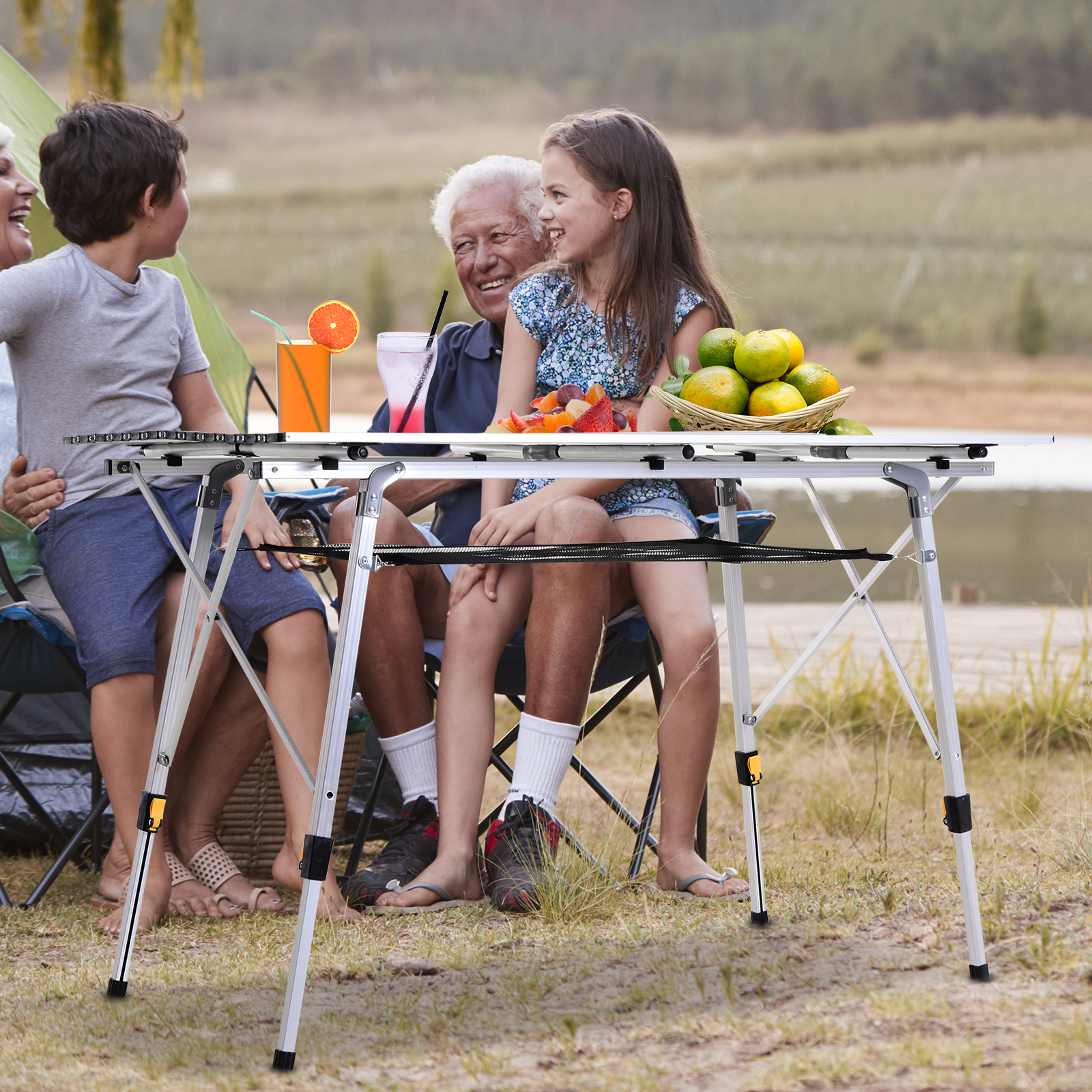 Outsunny Picknick Klapptisch, Falttisch, Höhenverstellbarer Campingtisch, Inkl. Tragetasche, Aluminium, Silber, 120 x 69 x 59-78 cm