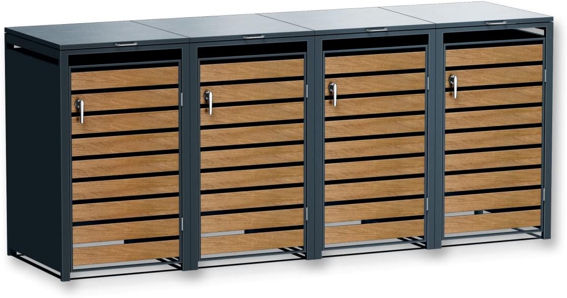 Metzler box pattumiere design antracite & effetto legno 4x240L, acciaio verniciato a polvere, struttura resistente alle intemperie
