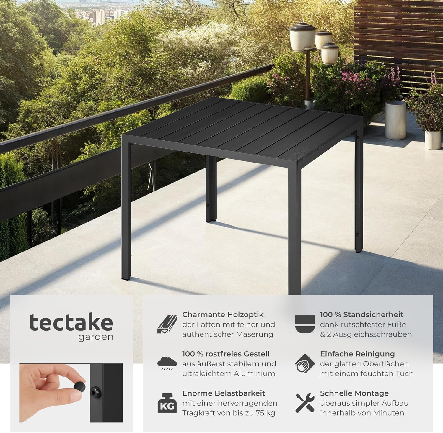 tectake® Gartentisch, Outdoor Esstisch, Balkontisch in Holz Optik, Terrassentisch mit Aluminiumrahmen, Gartenmöbel wetterfest, 90x90x74,5cm, Tisch für Garten, Lounge, Sitzgruppe - schwarz