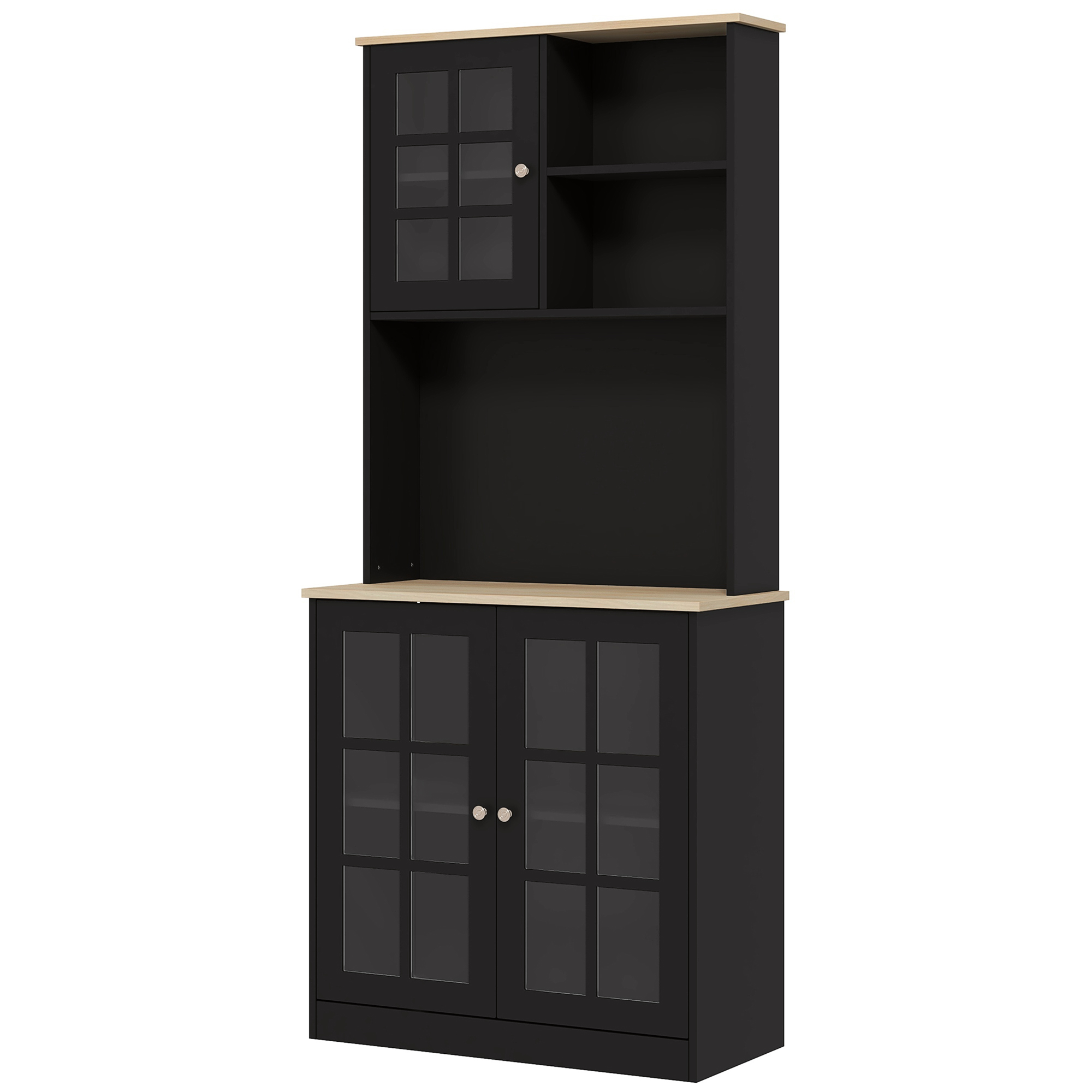 HOMCOM Küchenbuffet Küchenvitrine mit viel Stauraum, 3 Glastüren, Regalboden, 2 Fächer, großer Arbeitsplatz, MDF Schwarz Eiche