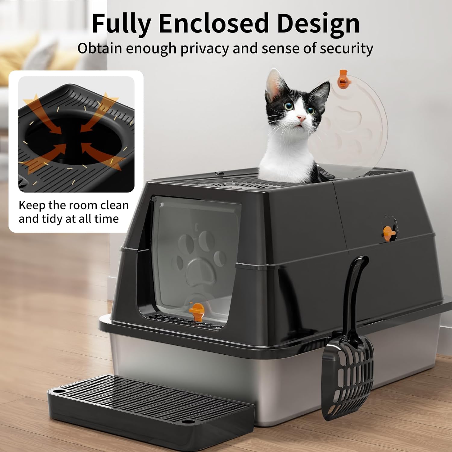 Lettiera per Gatti in Acciaio Inox, Lettiera Gatto Chiusa XXL, Lettiera Gatto Grande con Pala in Metallo, Doppio Strato Opaco Toilette per Gatti Grande - Grigio