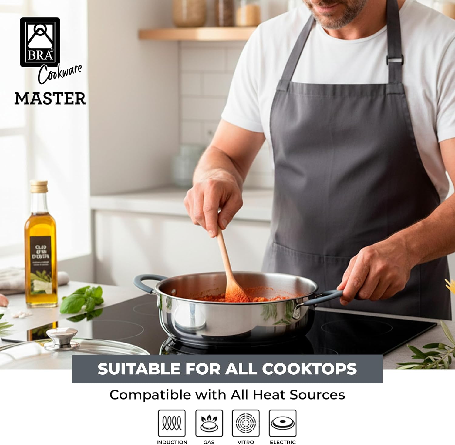 BRA COOKWARE Master 9-Piece Stainless Steel Cookware Set | Professional Pots & Pans Set w/ 2 Pots, 1 Sauté Pan, 3 Frying Pans, 3 Lids | All Stovetops | PFAS Free | Silicone Coated Handles