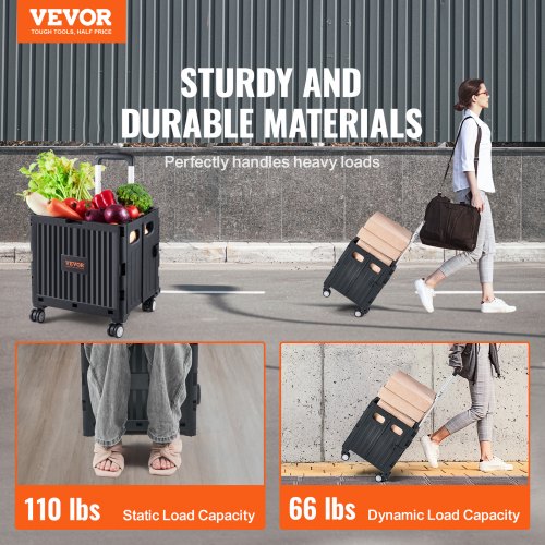 VEVOR Einkaufstrolley Klappbar 24,9kg(Dynamisch)/49,8kg(Statisch) Trolley aus PP-Korb und Gummirädern Einkaufskorb Einkaufswagen 364x310x892mm Klappbox mit Rädern meistert alle Arten von Terrain