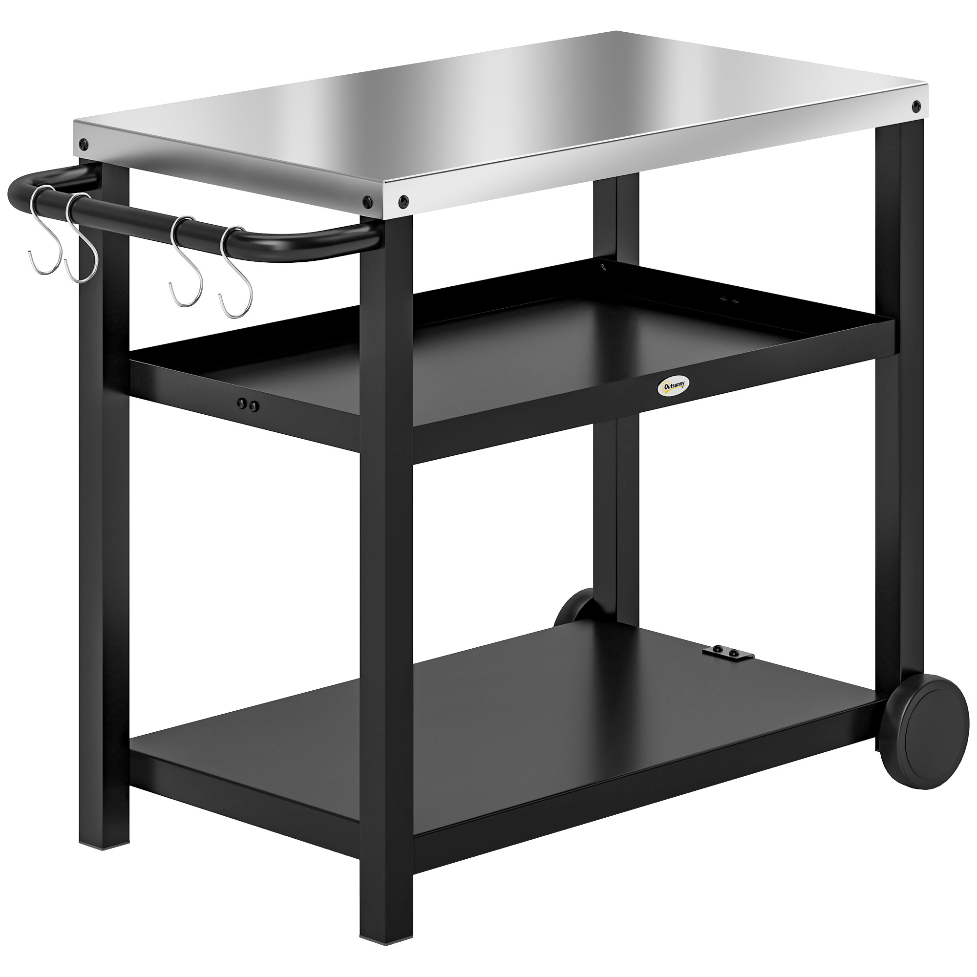 Outsunny Grillwagen 3-Etagen Servierwagen mit Arbeitsfläche Ablagen Haken Räder, Edelstahl 102x50x81cm Kohlegrau