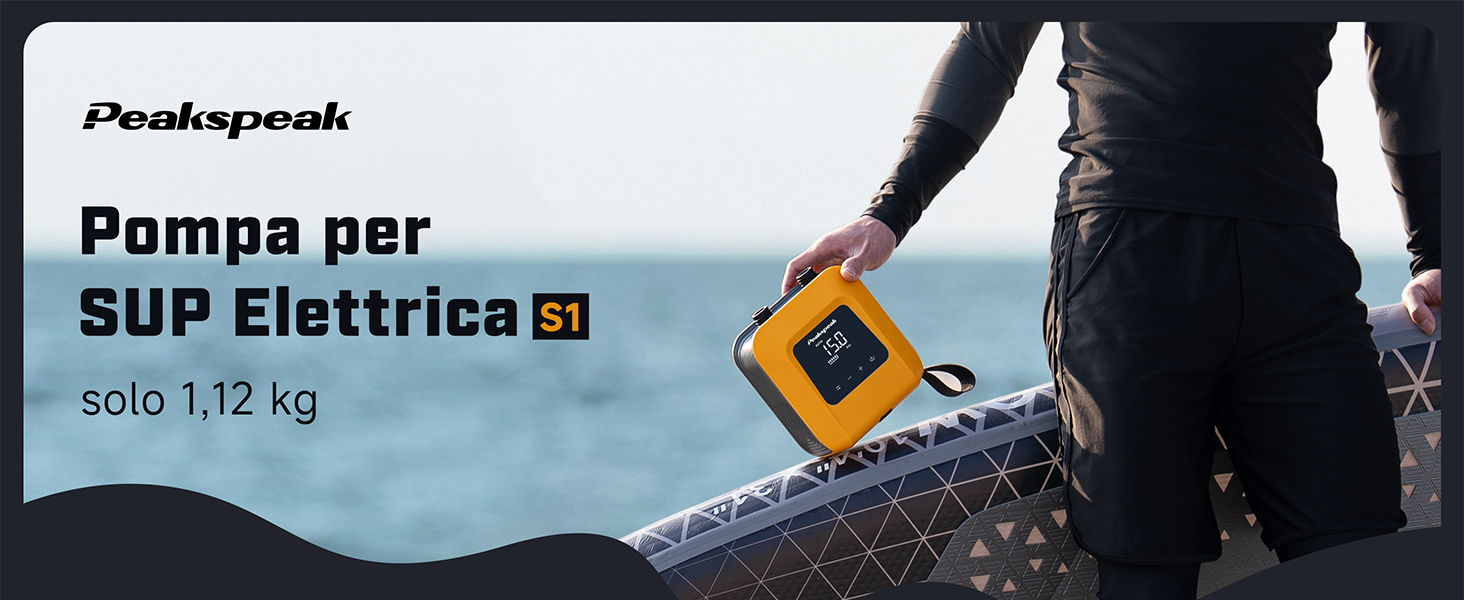 Peakspeak, del peso di 1,12 kg. Dispositivo giallo sorretto su una tavola da paddleboard