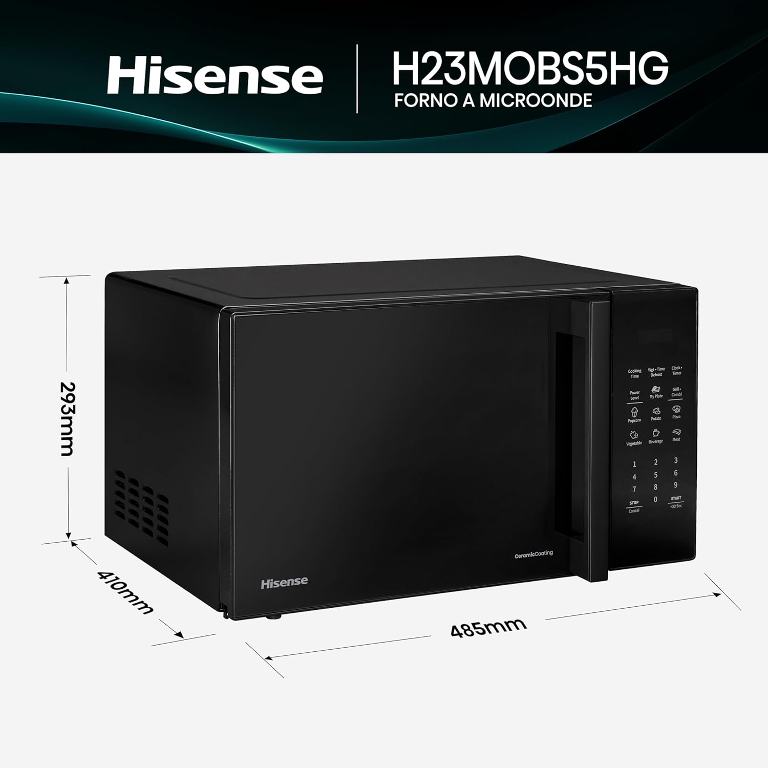 Hisense Forno Microonde Elettronico, Capacità 23 L, Potenza 800 W, Grill Potenza 1000 W, Display Led con Comandi Touch, Nero