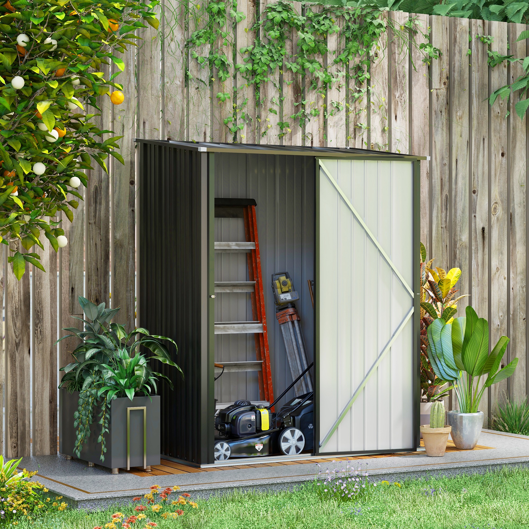 Outsunny Tuinschuur Gereedschapsschuur, afsluitbare deur, weerbestendig, incl. schappen, 161,5 cm x 94,5 cm x 196 cm, Zwart