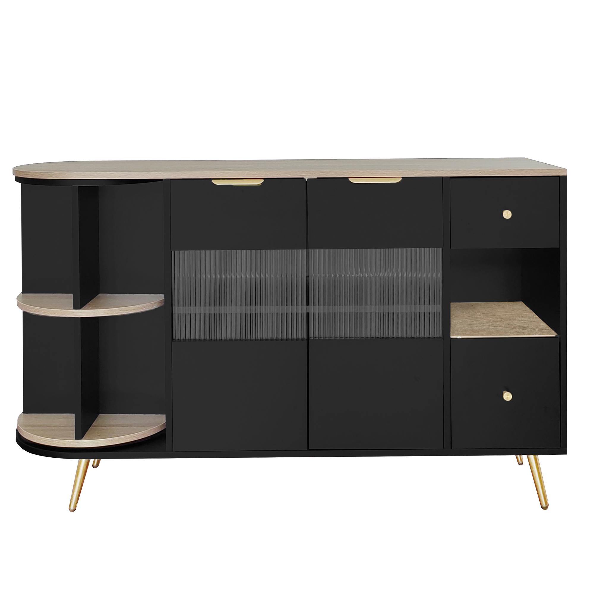 Sideboard Aufbewahrungsschränke mit Glastür und LED-Leuchten, Holzanrichte Freistehende Schränke, 130×40×80 cm, Schwarz