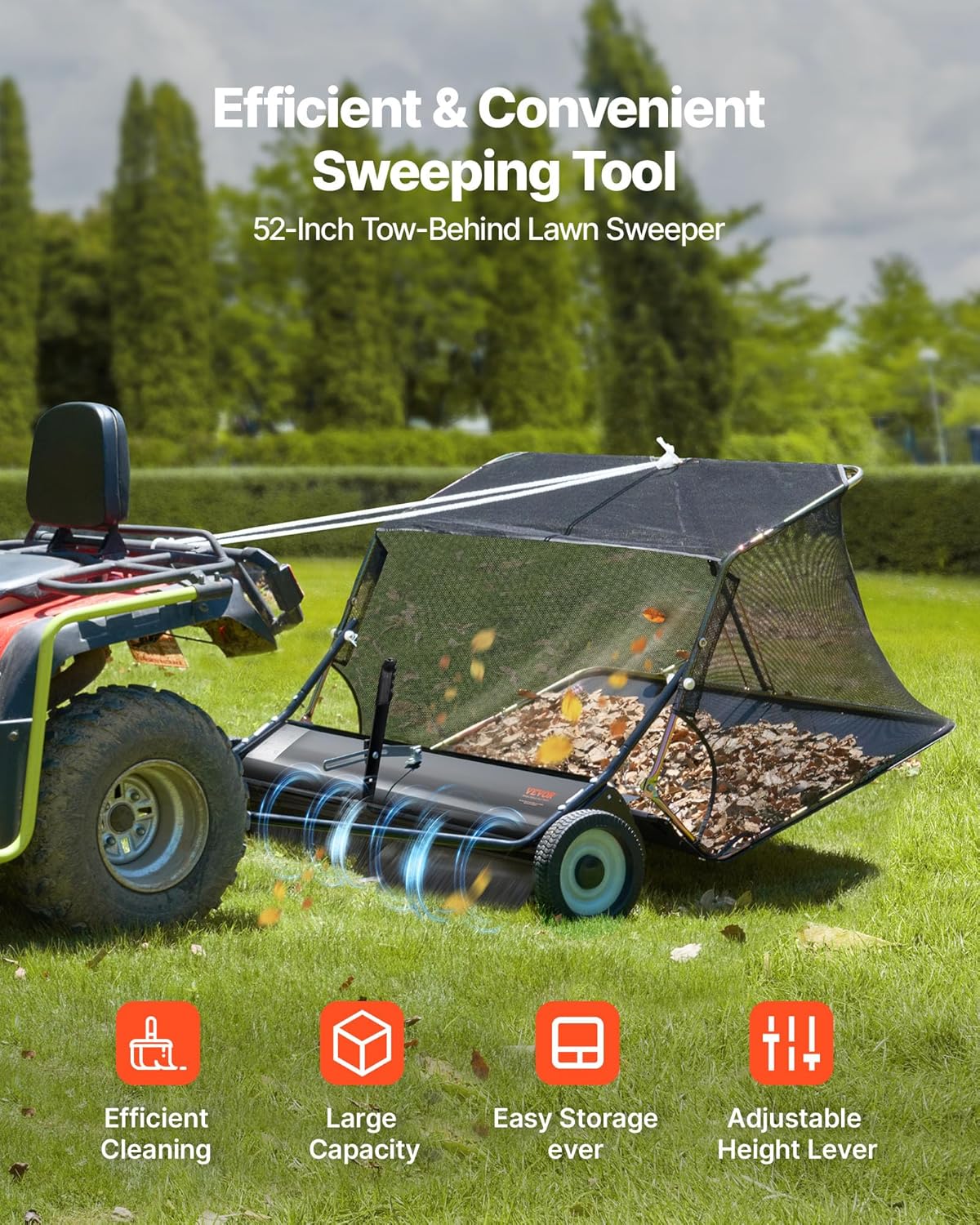 VEVOR 52 in Tow Behind Lawn Sweeper  26 cu.ft. Large Yard Sweeper  Adjustable Sweeping Height  Heavy Duty Leaf & Grass Collector with Dumping Rope  Pull Behind Sweepers for Debris Grass Clippings