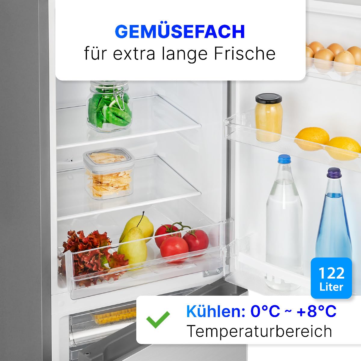 Kühlgefrierkombination KG 322.1 175 Liter Energieeffizienzklasse D 143 cm Inox 3 Glasablagen 3 Gefrierschubladen 39 dB wechselbarer Türanschlag