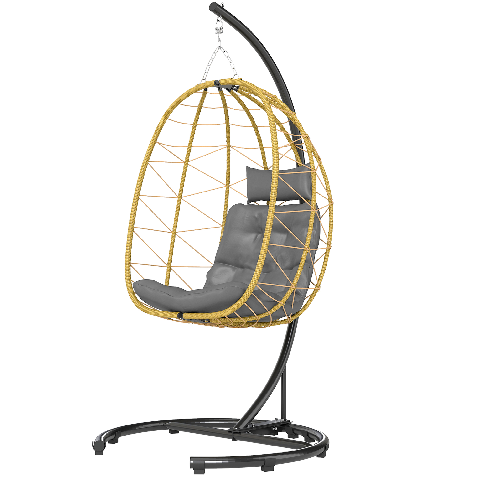 Outsunny Hängesessel mit Kissen, aus Stahl und PE Rattan, 102x102x195 cm, Schwarz Grau und Beige