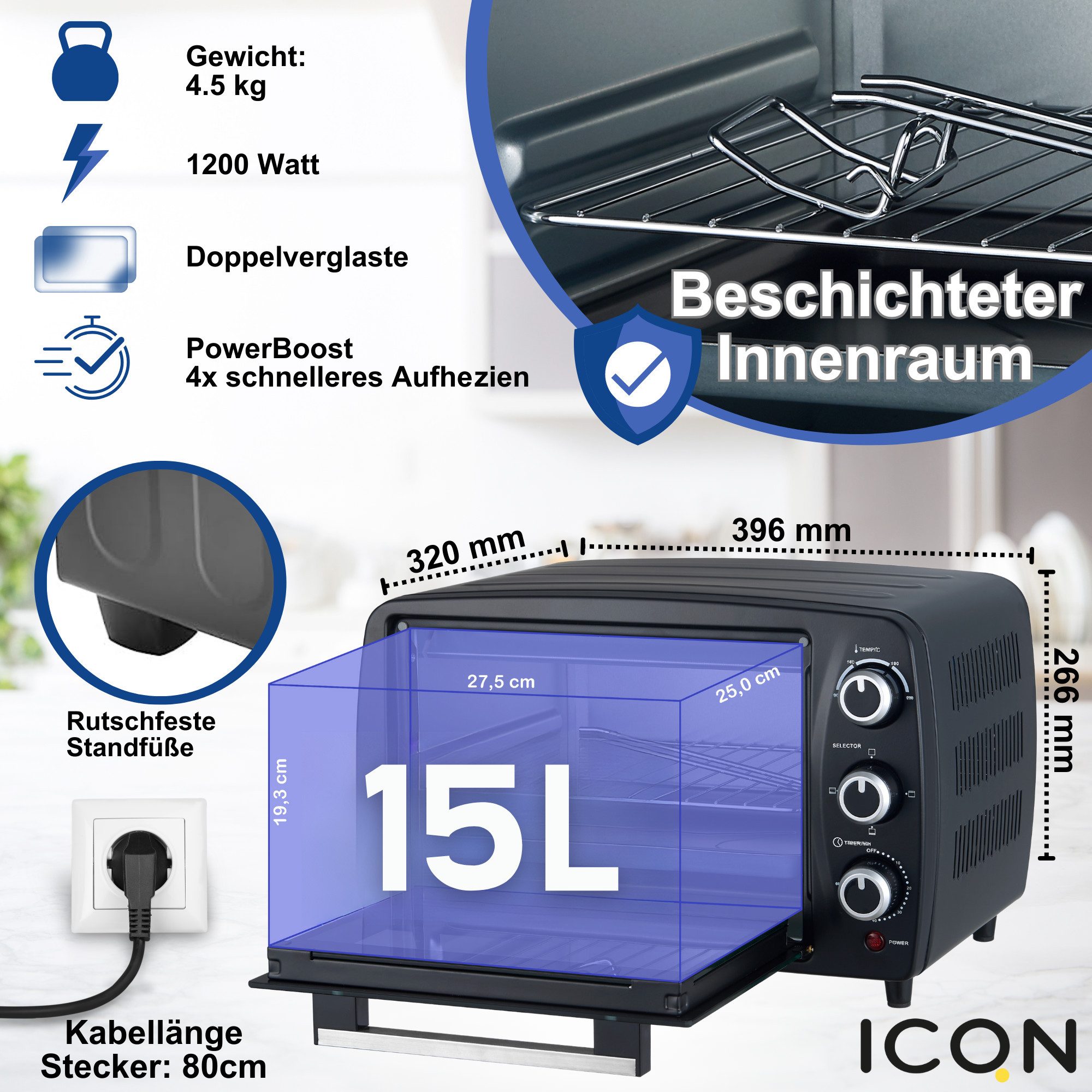 Kleinküche ICQN Minibackofen 15 Liter, 1200W, 90-230°C, 60 min. Timer, Anthrazit
