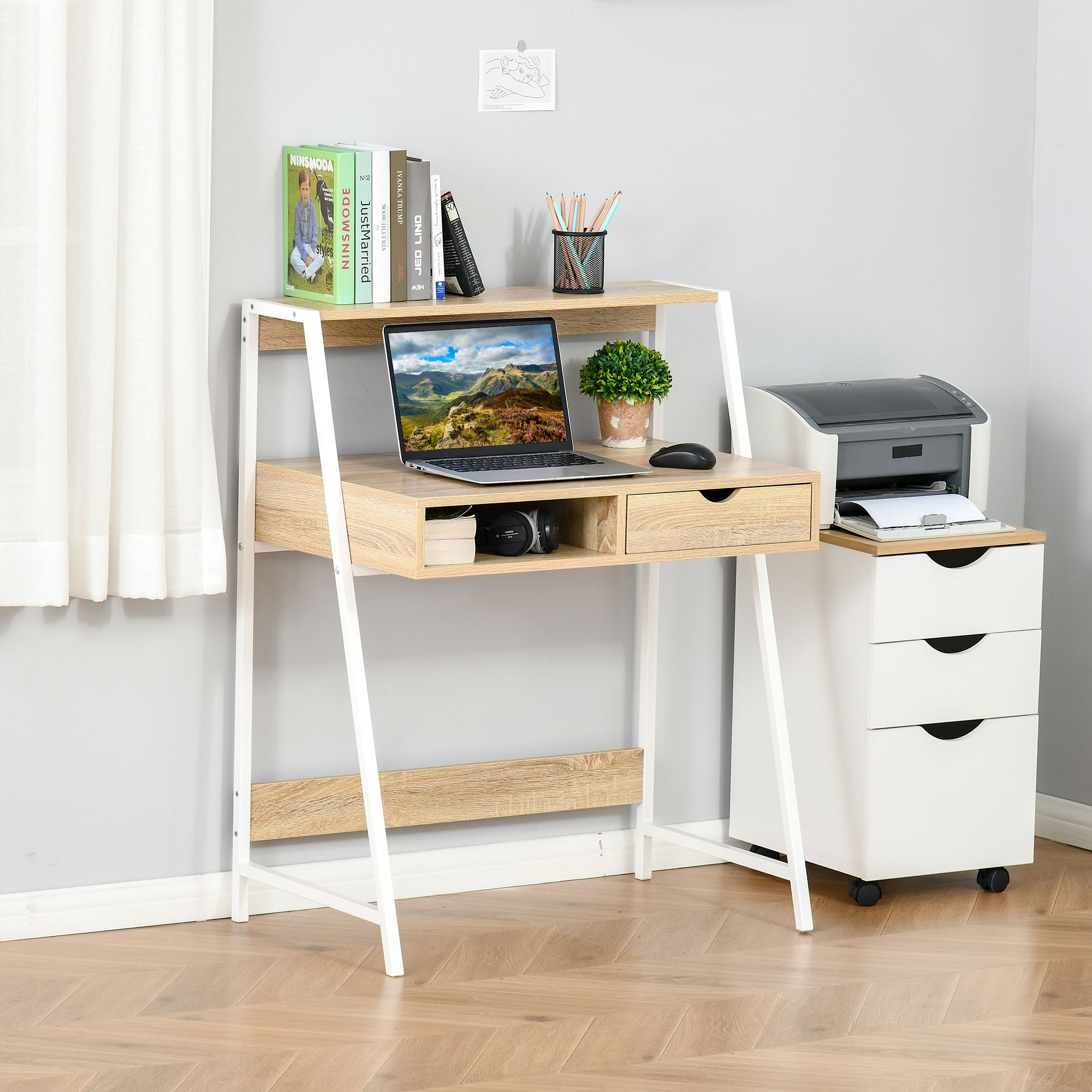 HOMCOM Schreibtisch Bücherregal Computertisch Bürotisch mit Schublade und Regal großer Stauraum E1-Spanplatte Metallrahmen Natur 80 x 50 x 100 cm