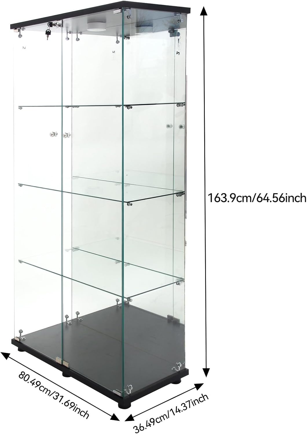 Vitrina Cristal Expositora con Luz, Puerta Cerradura, 4 estantes - Grande Vitrina de Colecciones,Vitrina de pie para Sala Oficina(Espalda Espejo)