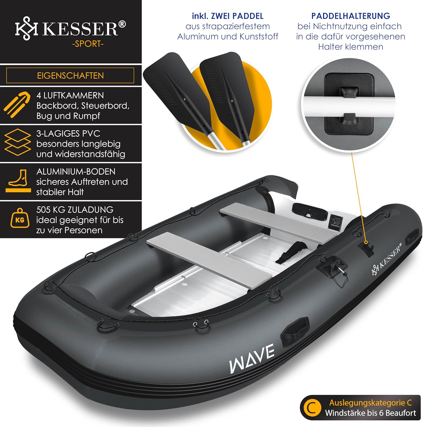 KESSER® Schlauchboot 3,20 m für 4 Personen - Wave Motor geeignet Freizeitboot Paddelboot Motorboot Angelboot - mit 2 Sitzbänken, Reparaturset & Tasche aufblasbar PVC