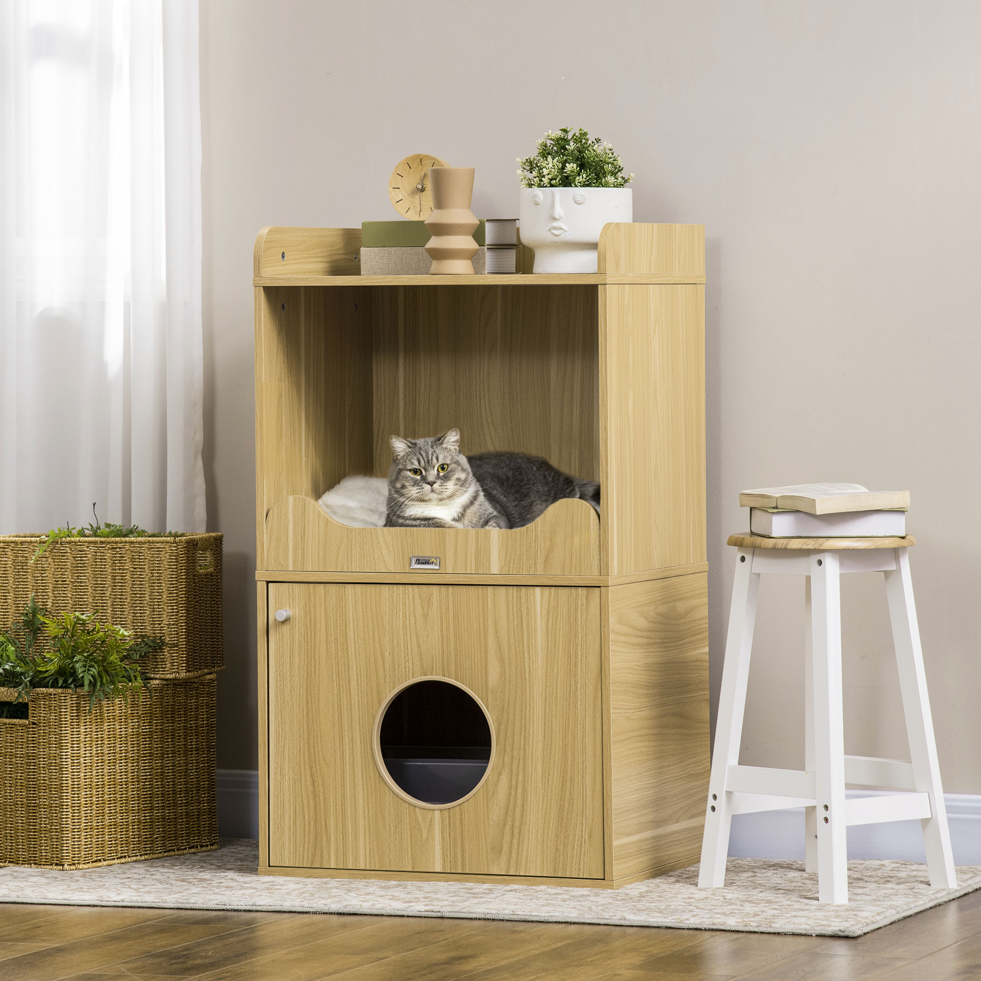 PawHut Katzenklo-Möbel, Katzenstreu-Möbel, 3 Ebenen, Fach mit Tür, 1 Kissen, 60 x 45 x 103 cm