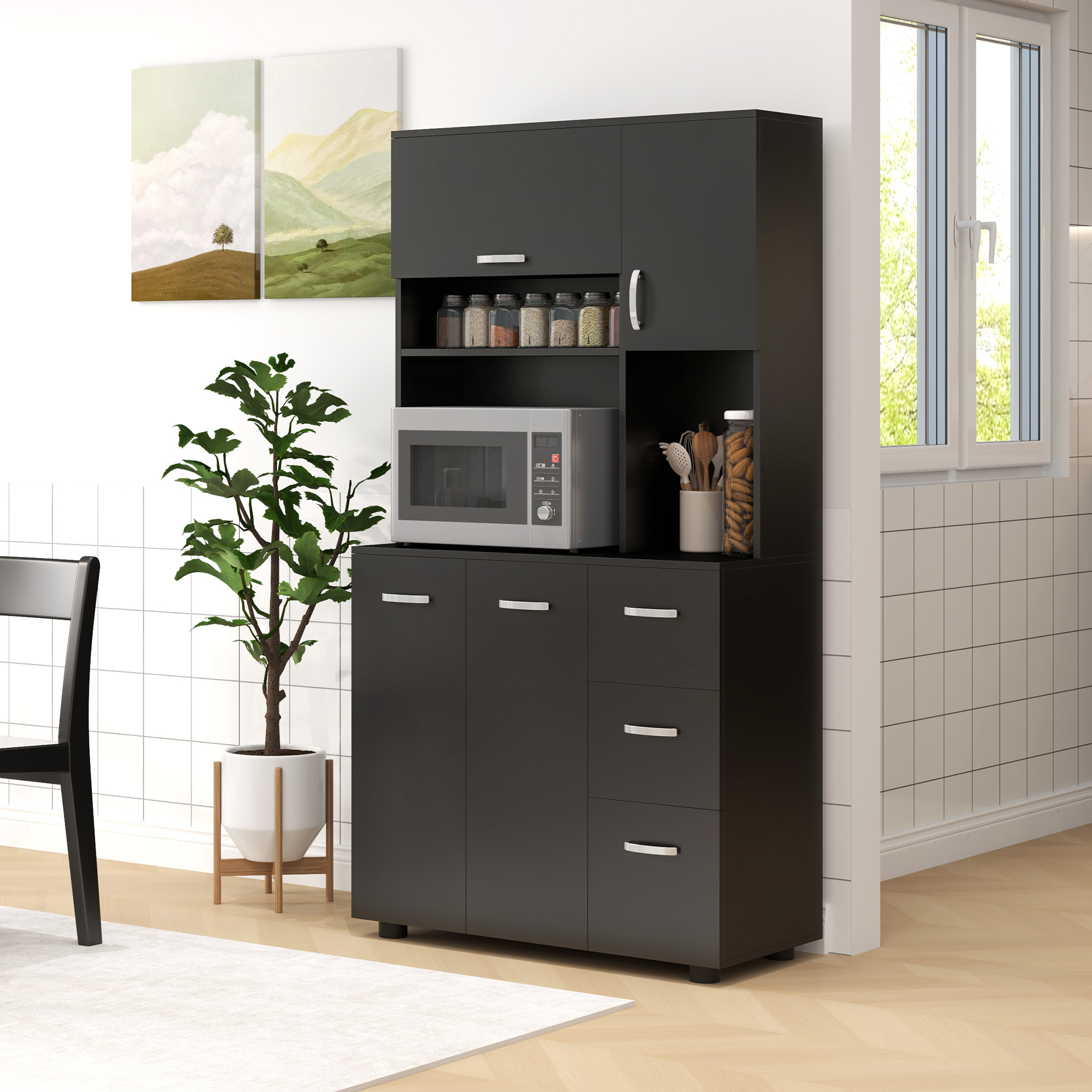 HOMCOM Küchenkommode Mehrzweckschrank 4 Türen 3 Schubladen Regal + große Ablagefläche 89L x 39,5B x 168H cm Schwarz