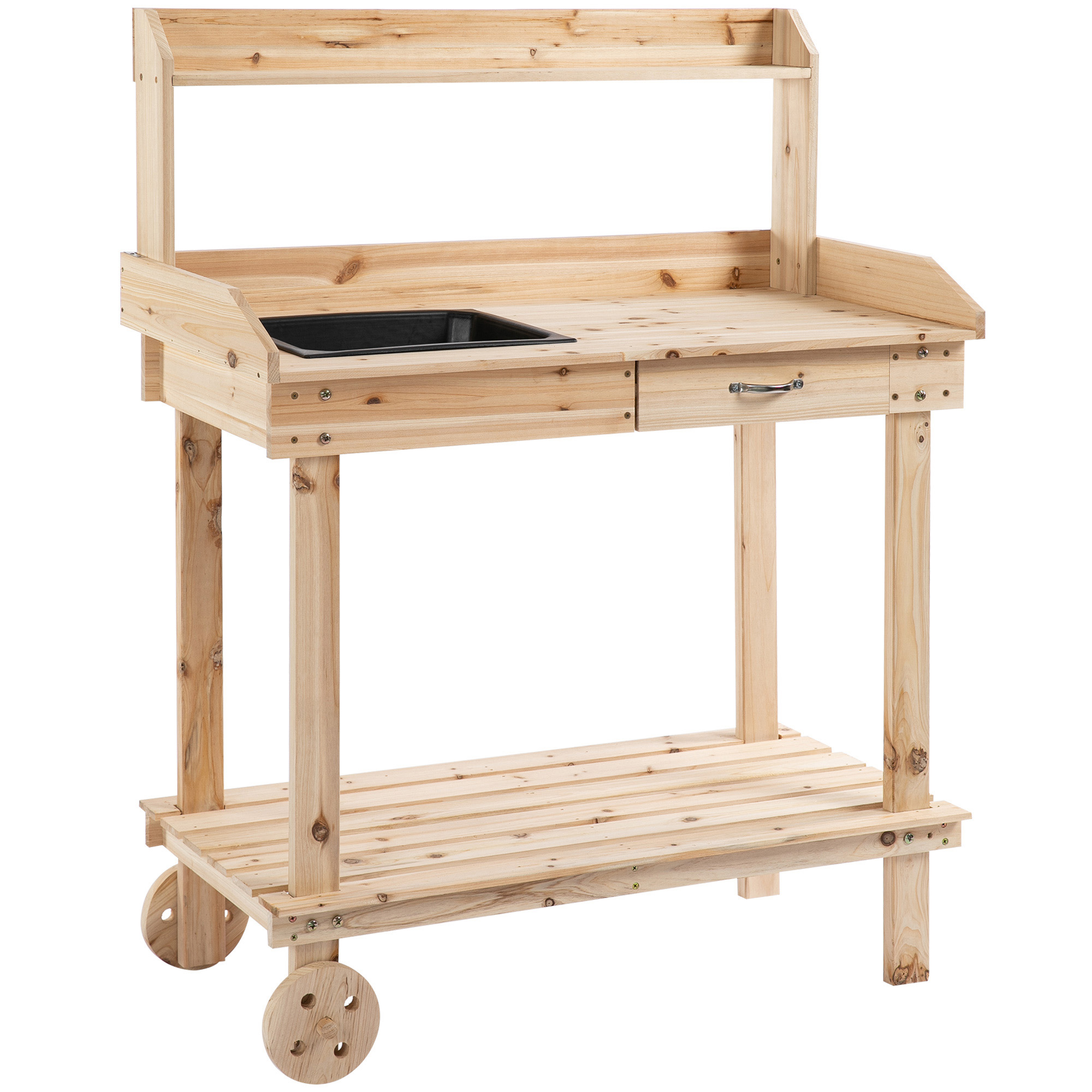 Outsunny Pflanztisch mit Schublade 2 Stufen Gärtnertisch mit waschbecken und Rollen Garten Tannenholz Natur 92 x 45 x 119 cm