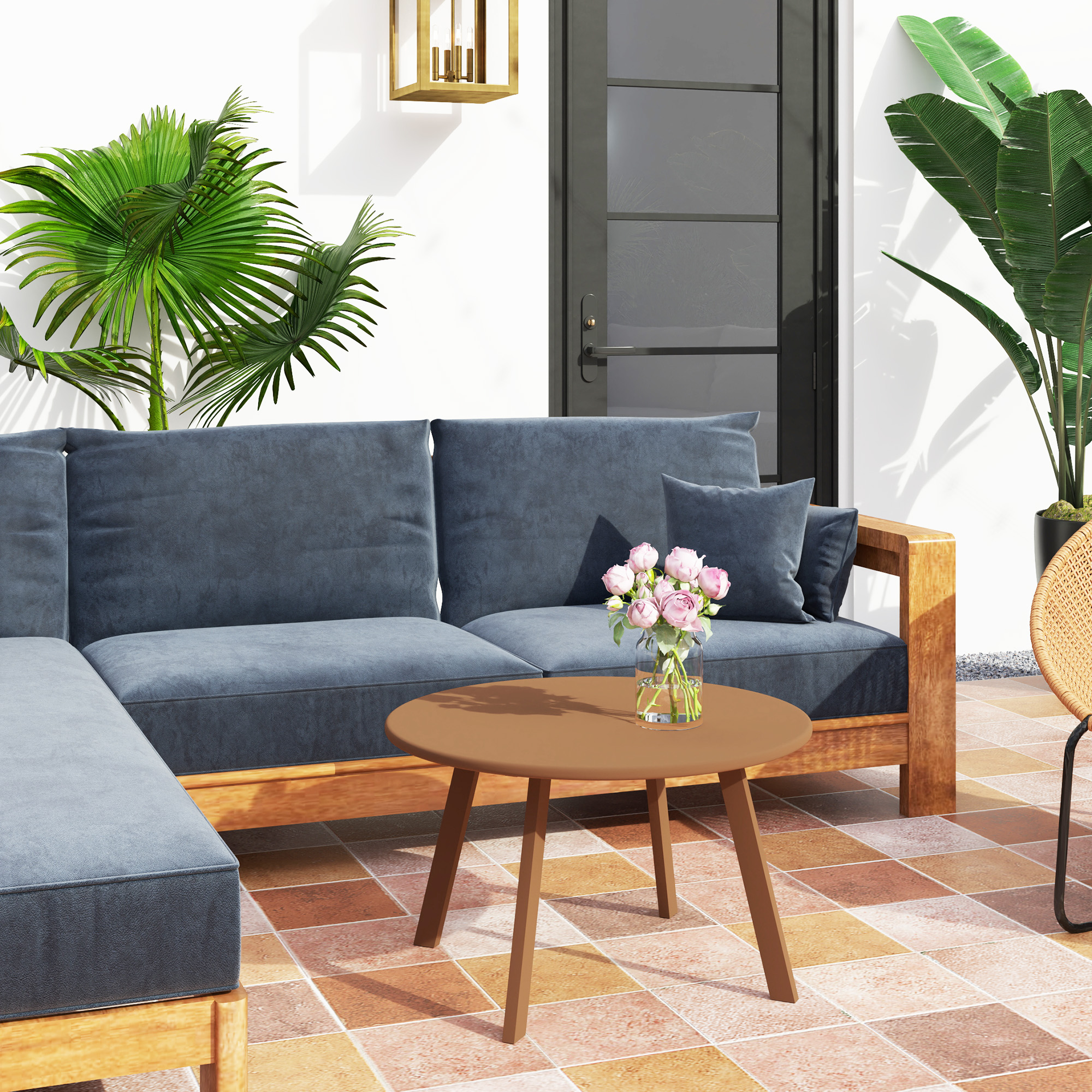 Outsunny Kleiner runder Gartencouchtisch, Beistelltisch mit rutschfesten Fußkappen, Metallrahmen, für Garten, Ø 70 x 42 cm, Orange