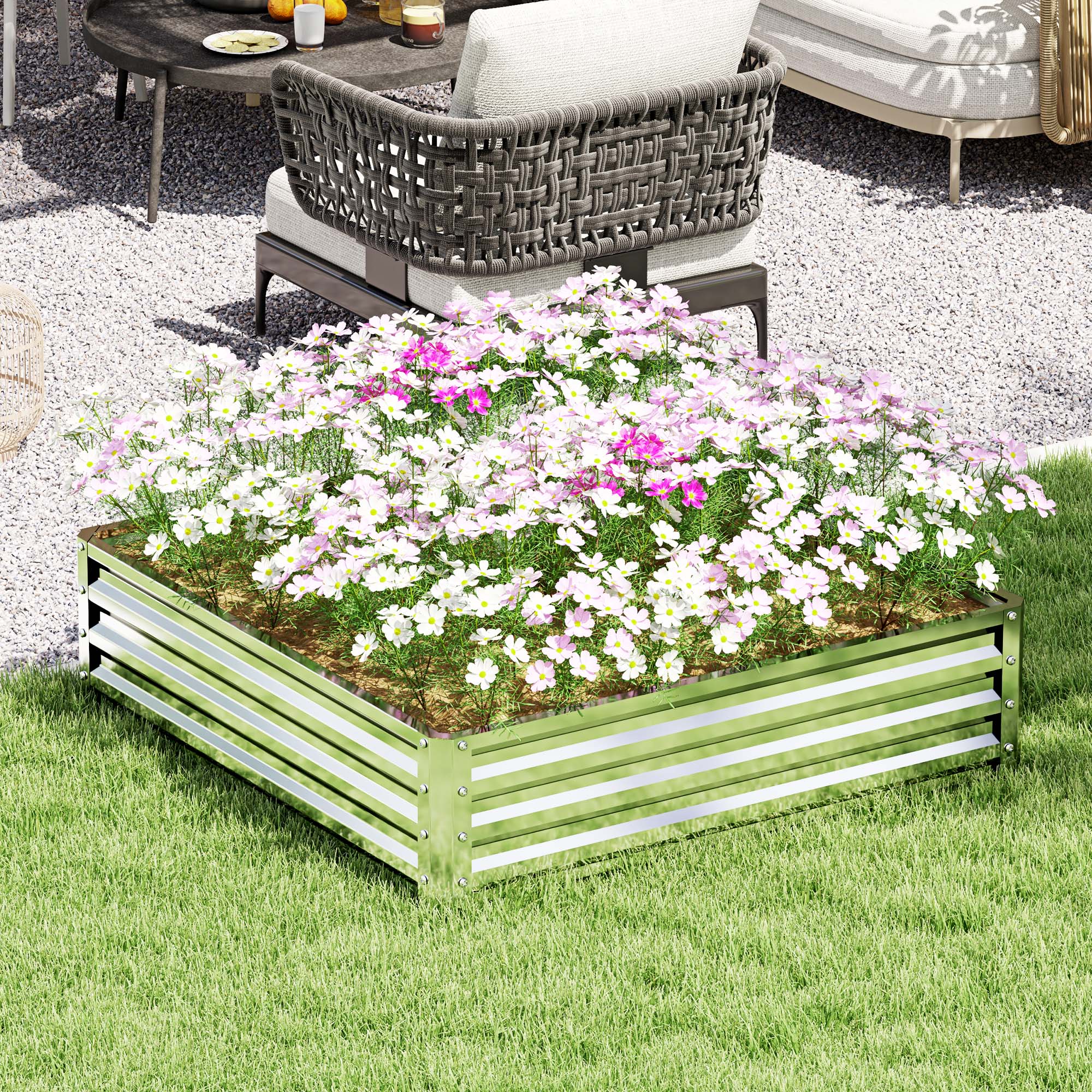 Outsunny Gartenbeet, Pflanzkasten mit Stahlgehäuse, Silber, 120 x 120 x 30 cm