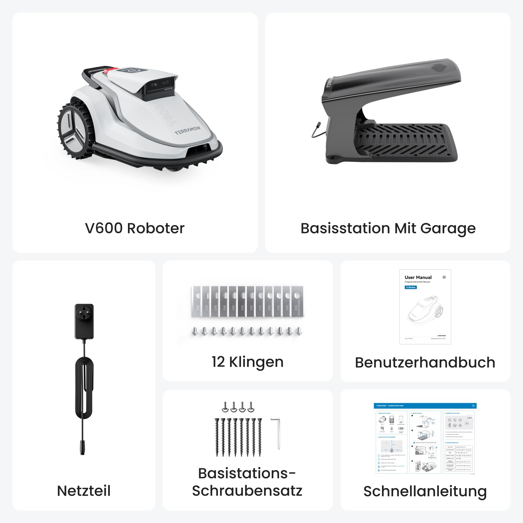 Mähroboter V600 kabellose KI-Navigation bis 600 m² 25–75 mm Schnitthöhe 32,5 % Steigung mit Garage