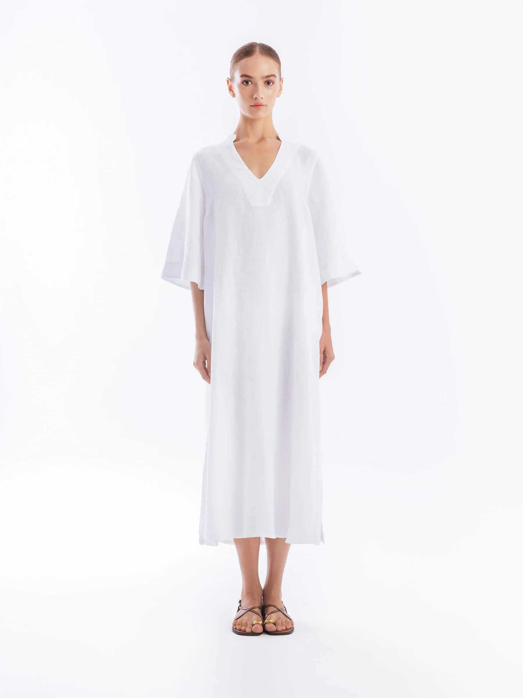 Mandarin Neck Linen Kaftan with Open Back �� Haris Cotton