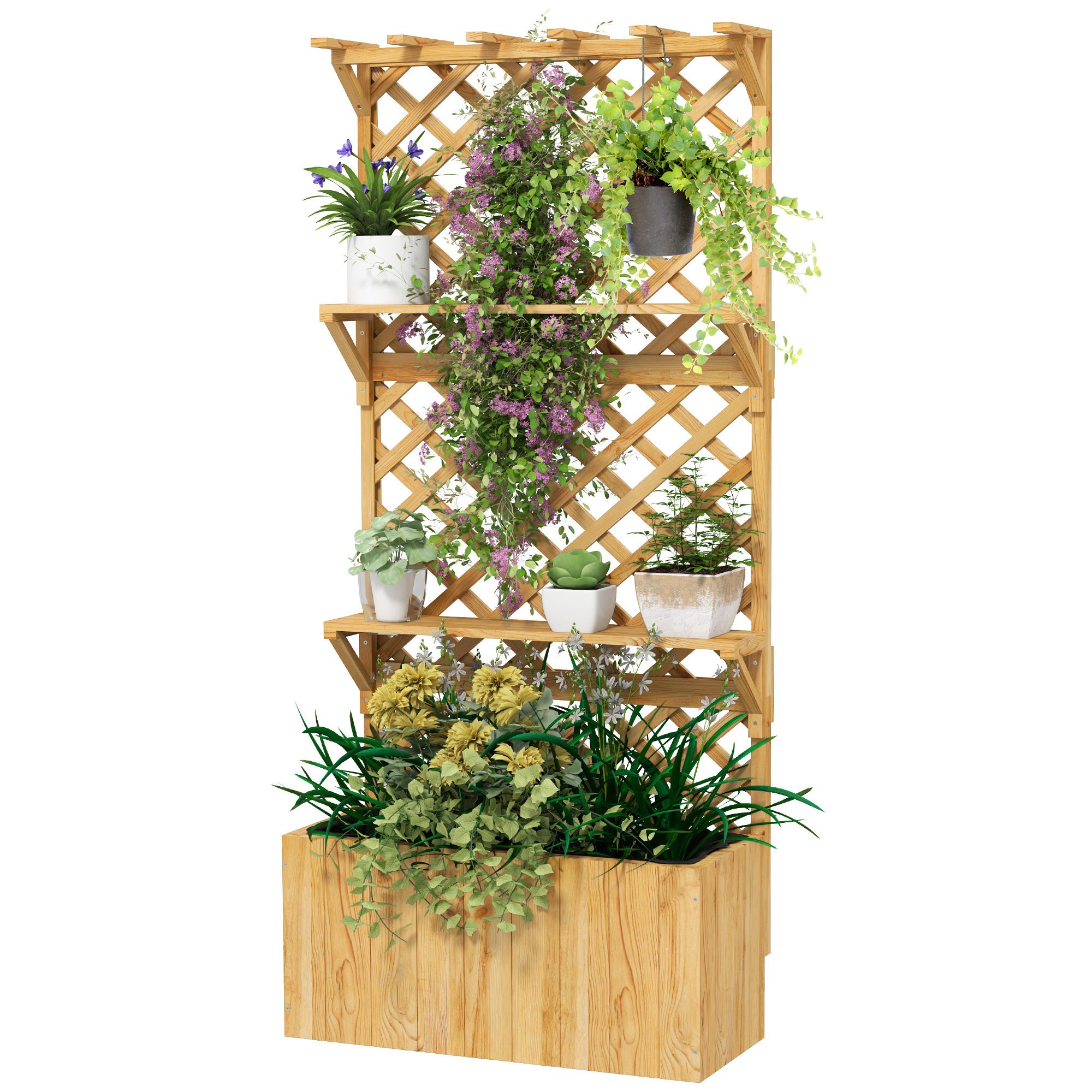 Outsunny Hochbeet mit Spalier, Blumenkasten, 2 Regale, Drainagelöcher, 76 x 33 x 177 cm