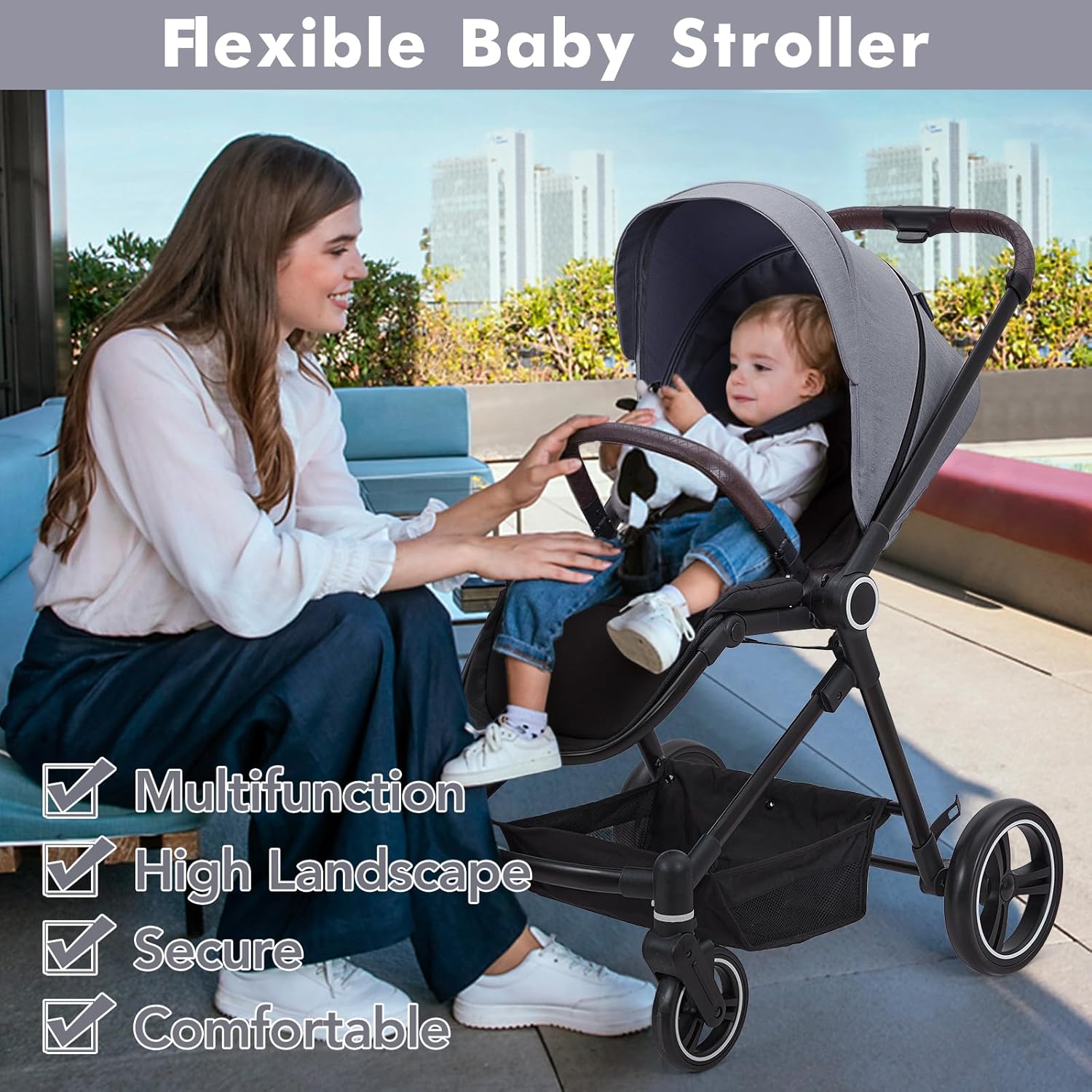 3 in 1 Kinderwagen Set mit umkehrbarem Sport-Sitz, Babywanne & Buggy – Ein-Klick-Zusammenklappbar, Leicht & Tragbar mit Großem Regenschutz