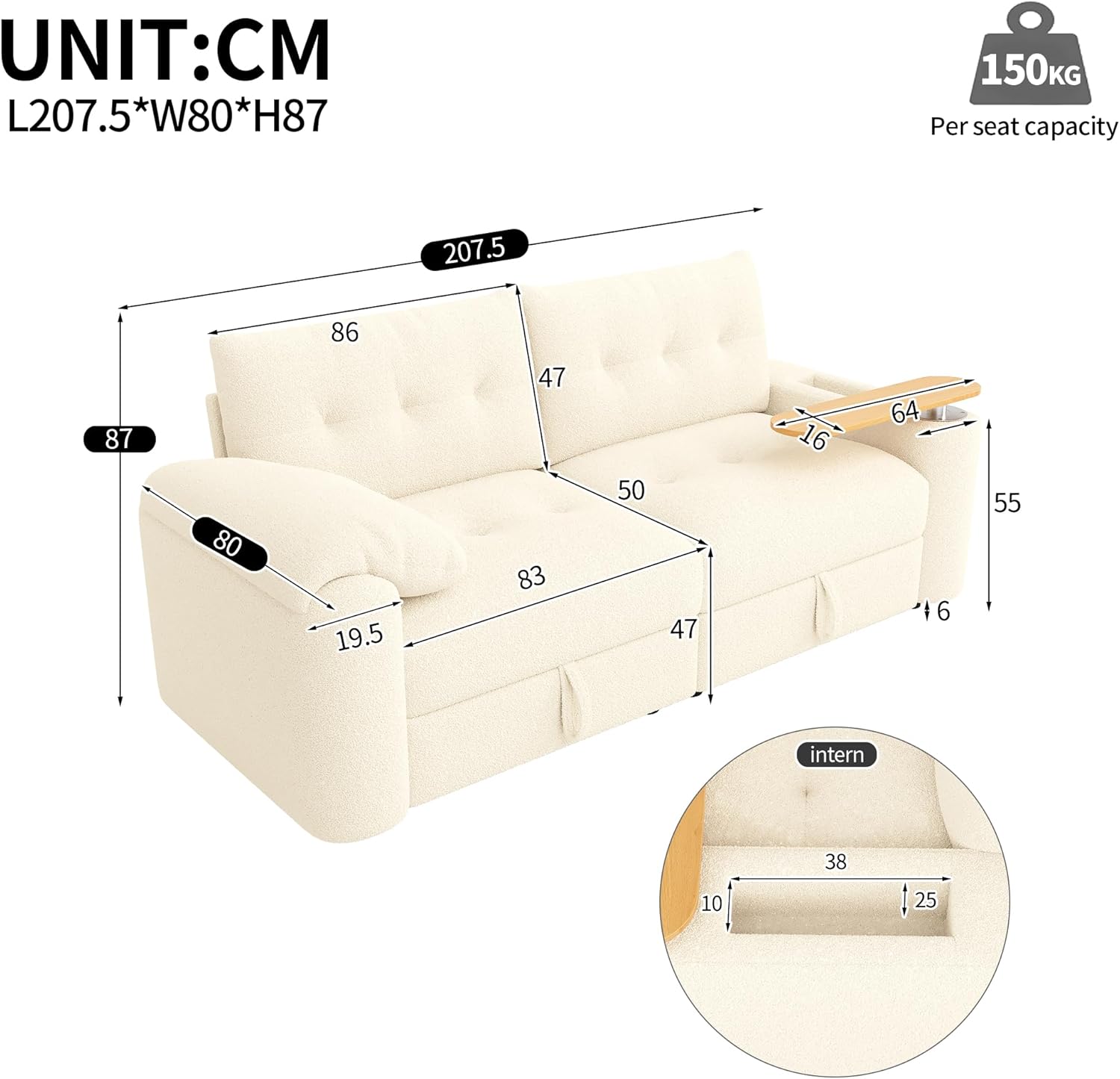 Teddyplüsch Divano 80 x 87 x 207,5 cm, beige, 3 posti, piccolo modulare, con spazio di archiviazione, poggiatesta e tavolino integrato, divano letto salvaspazio