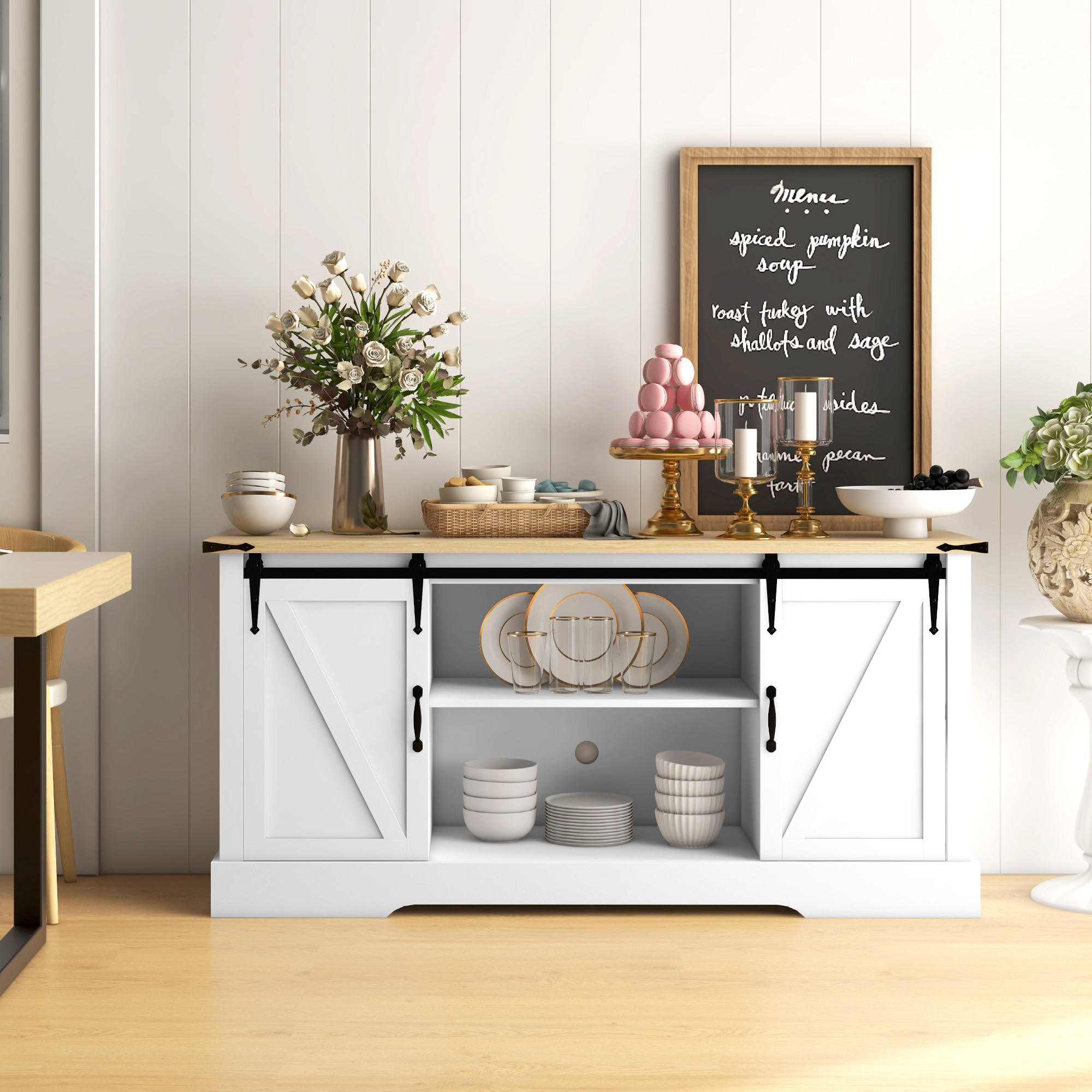 HOMCOM Buffet Aufbewahrungsmöbel mit 2 Schiebetüren verstellbaren Regalen 150L x 40T x 72H cm aus Holz Weiß Eiche