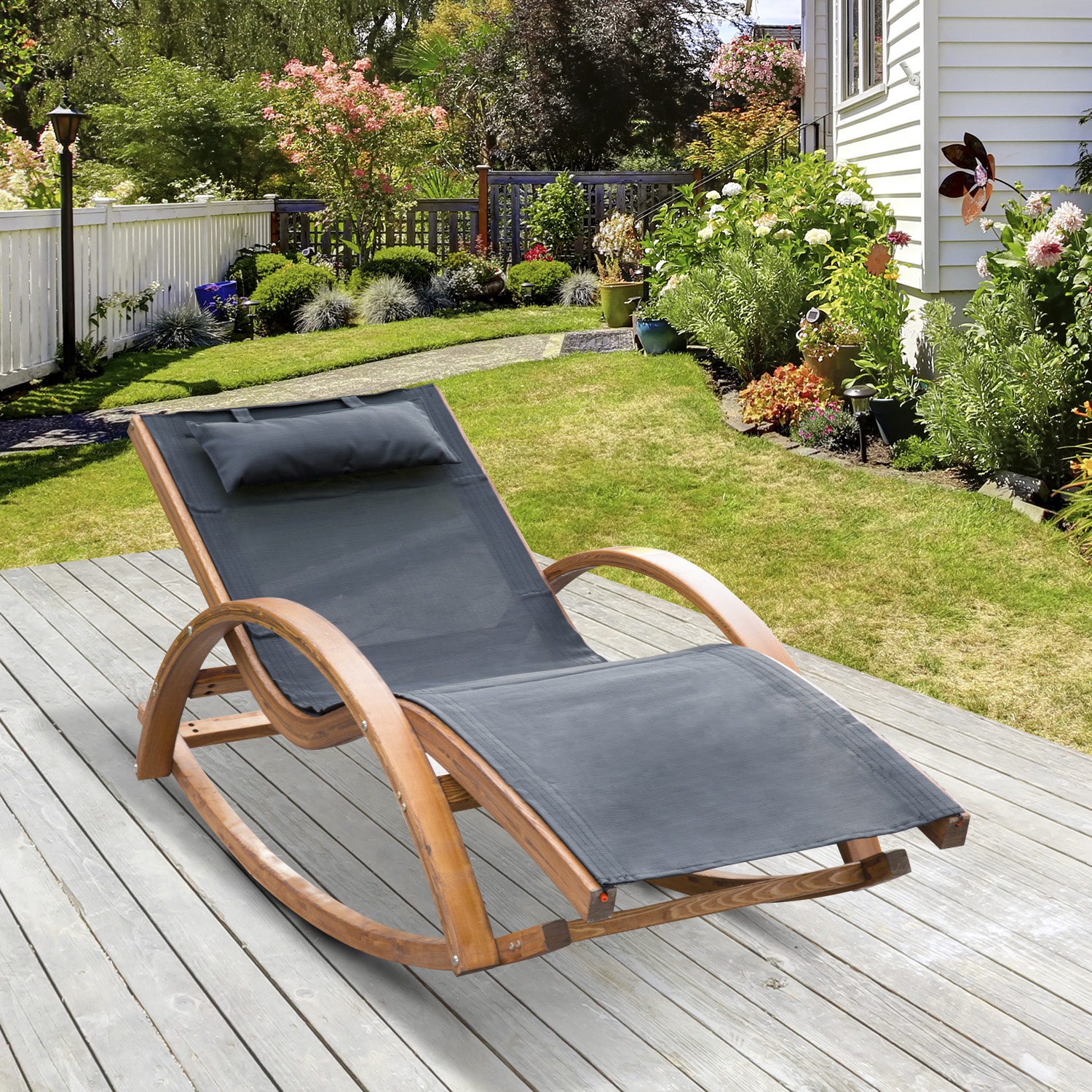 Outsunny® Schaukelstuhl Sonnenliege Holz Lounge schwarz