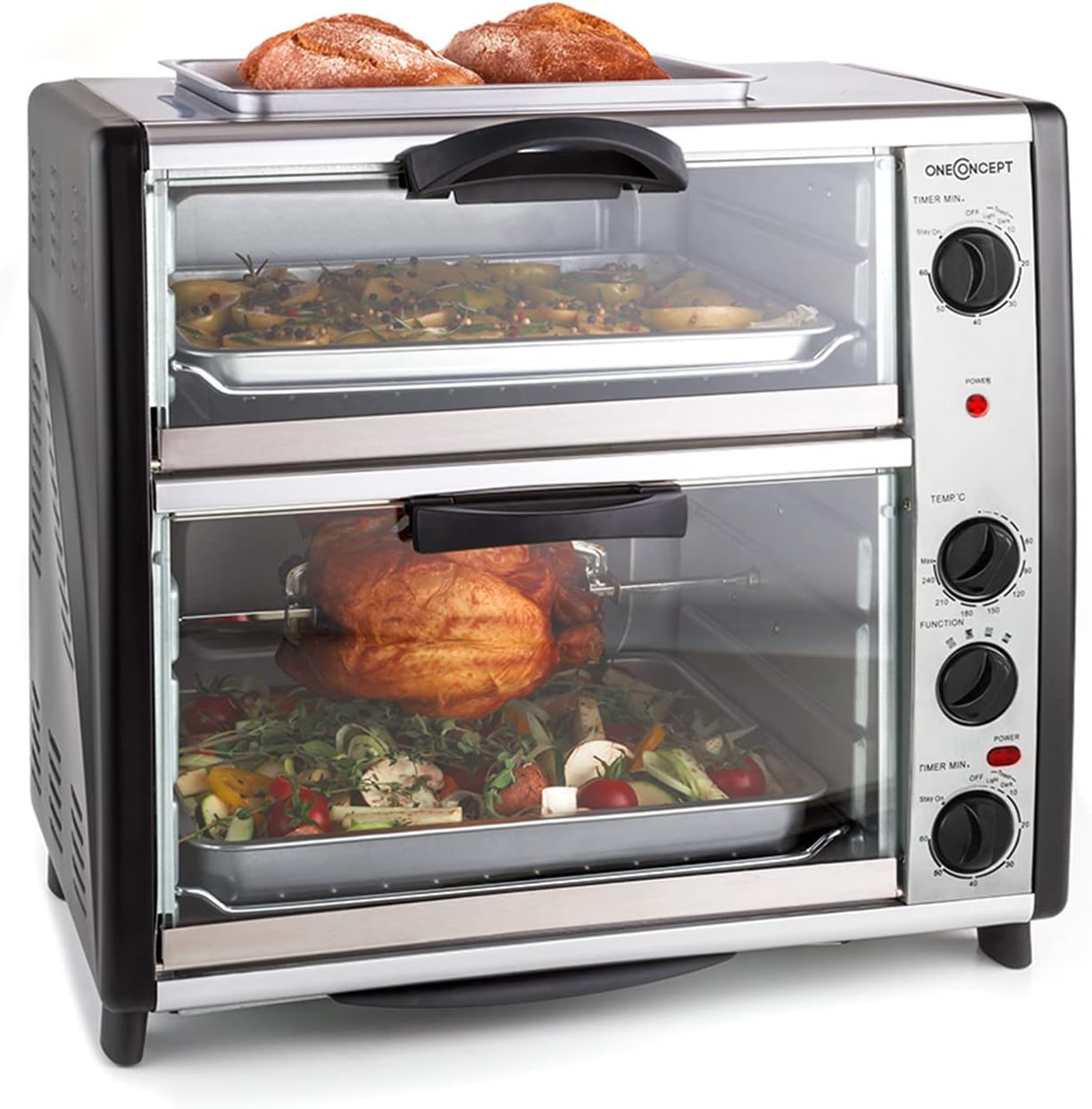 oneConcept All-You-Can-Eat forno doppio - forno elettrico, due vani separati, 42 litri, piastra grill, 2400 W, temperatura regolabile: 60-240°C, acciaio inossidabile, argento