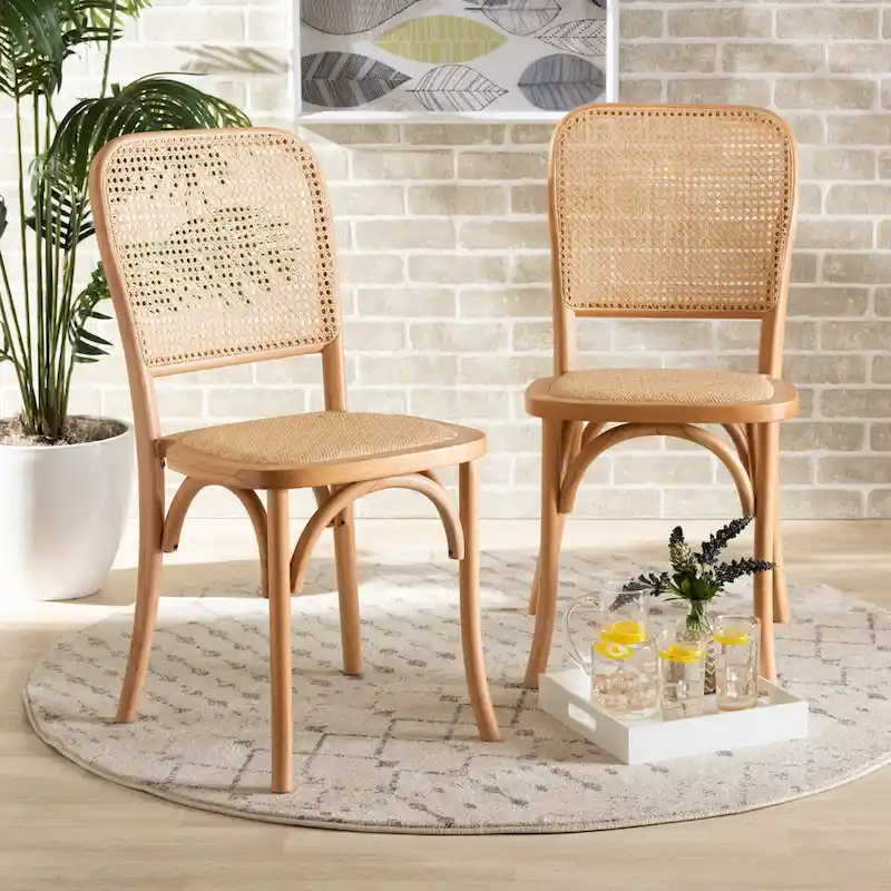 Neah Mid-Century Modern 2-Piece Woven Rattan and Wood Dining Chair Set