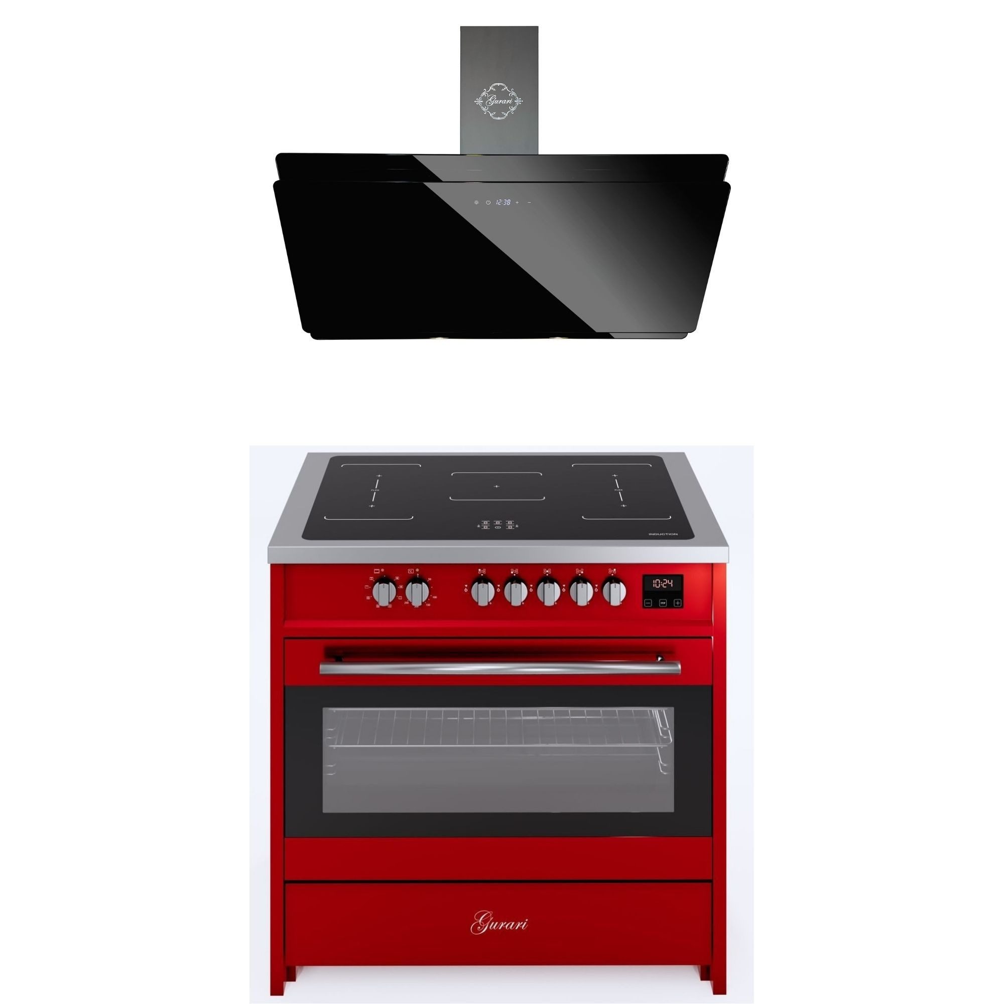 Induktions Herd-Set Induktions Standherd 90 cm in Rot mit Flex Zone Induktionskochfeld, Range Cooker+Dunstabzugshaube 90 cm, 1000 m³/h E 913 R+GCH S 411 90 BL PRIME N