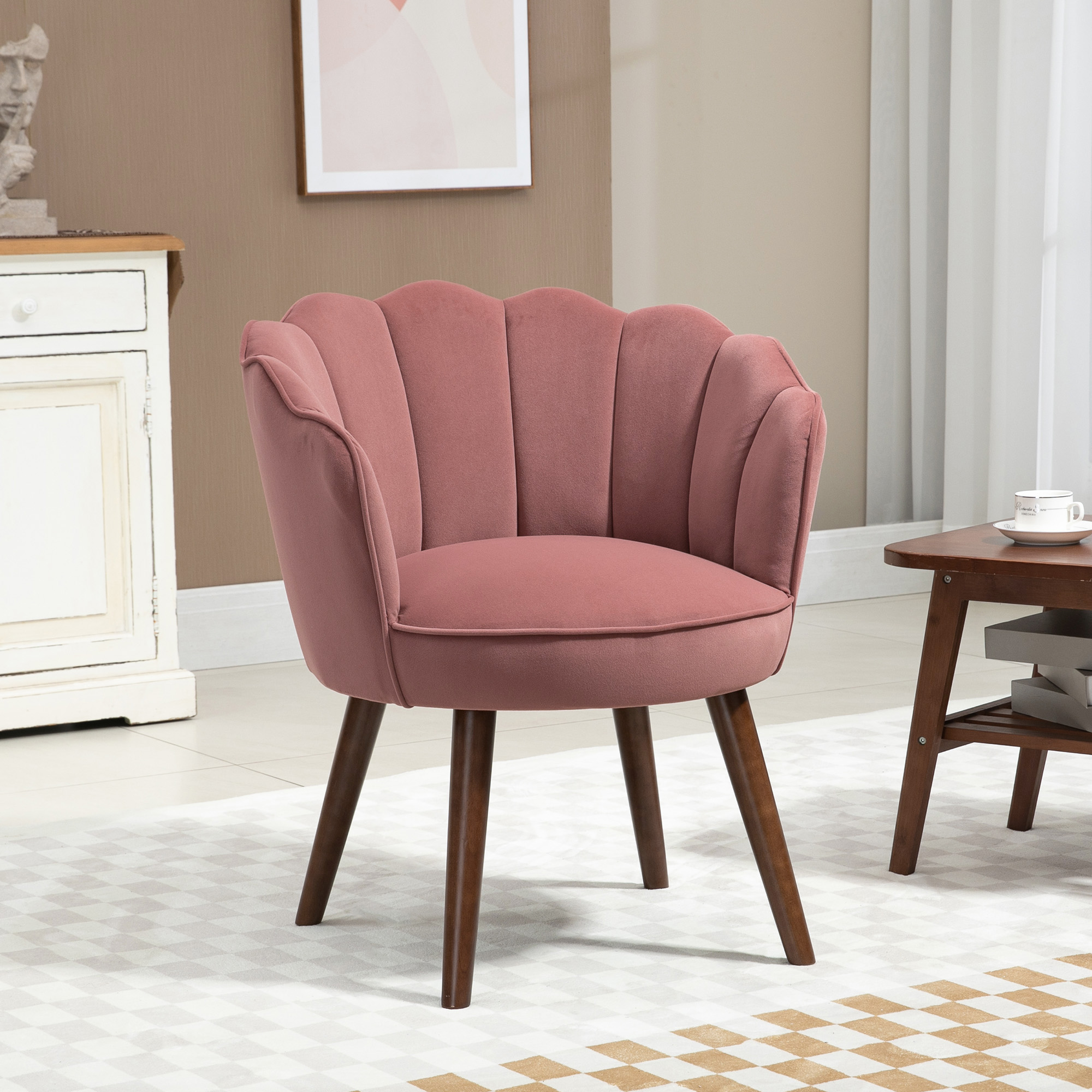 HOMCOM Sessel Wohnzimmer Loungesessel in Muschelform Relaxsessel mit Holzbeine, Polstersessel Lesesessel mit Samtoptik, Polsterstuhl für Schlafzimmer Rosa