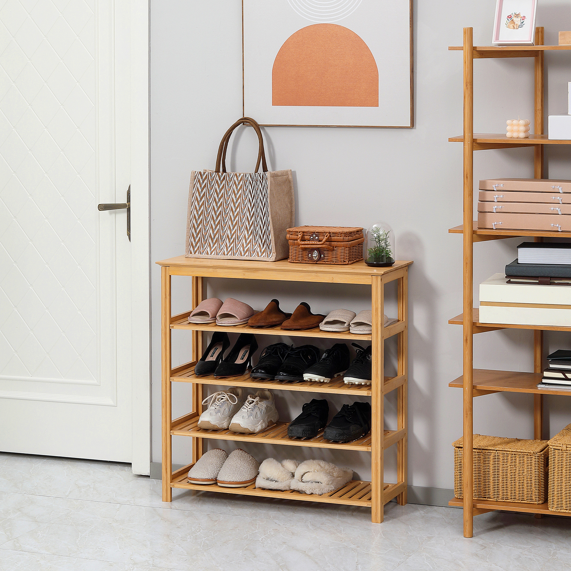 HOMCOM Schuhregal mit 4 Regalen, Bambus, Lamellen, bis Größe EU 45, Natur