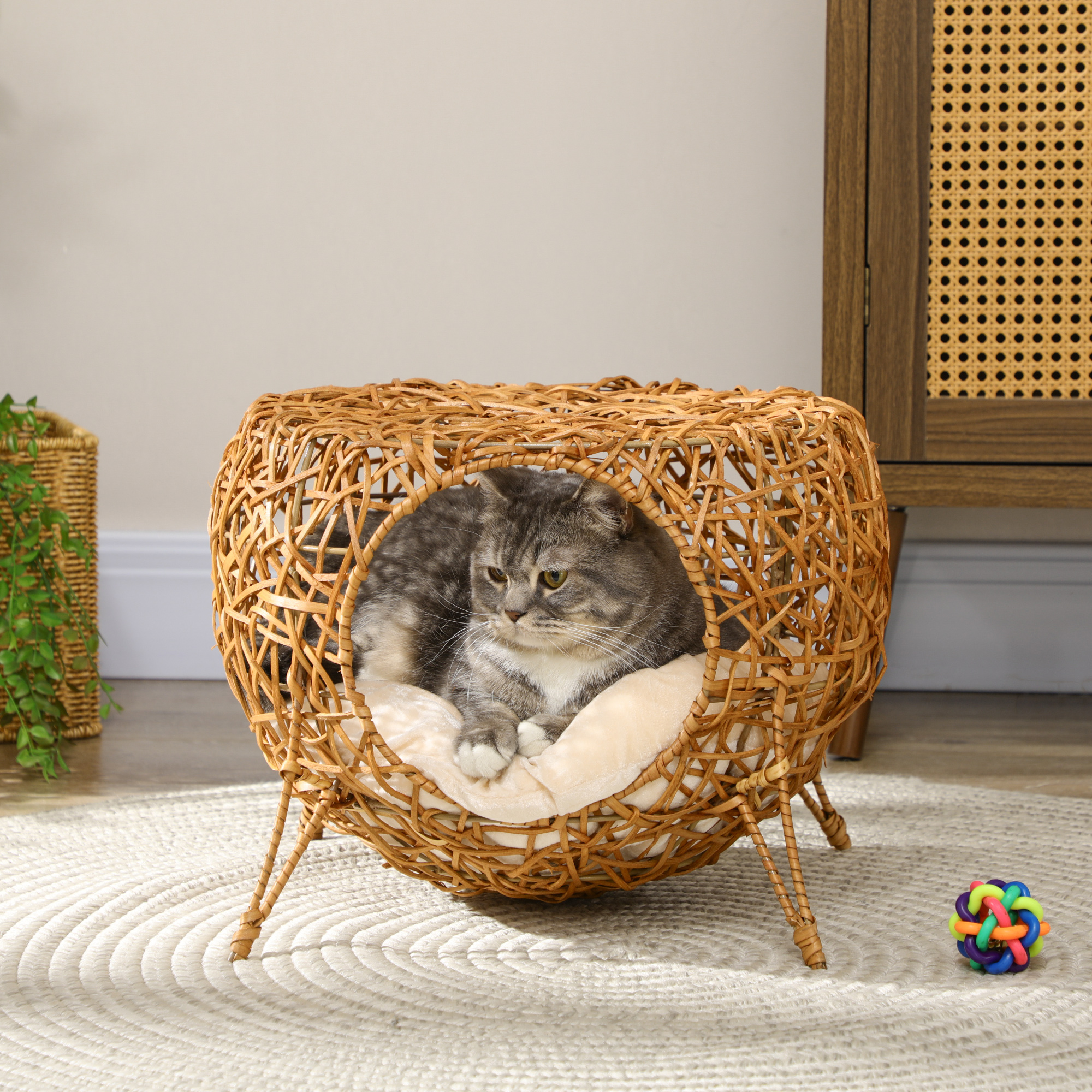 PawHut Katzenhöhle Katzenbett Katzenkorb Katzenhaus aus Rattan mit dickem Kissen Ø 40 x 32 cm Hellbraun
