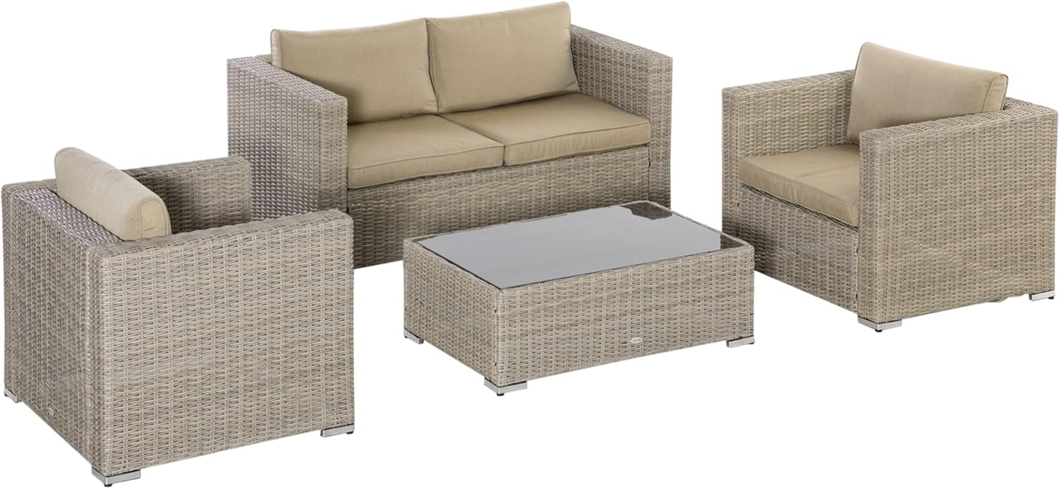 Outsunny 4-Piece PE Rattan Garden Furniture Set, Outdoor Living Room with 1 Sofa, 2 Armchairs, 1 Table and Removable and Washable Cushions, Khaki and Beige