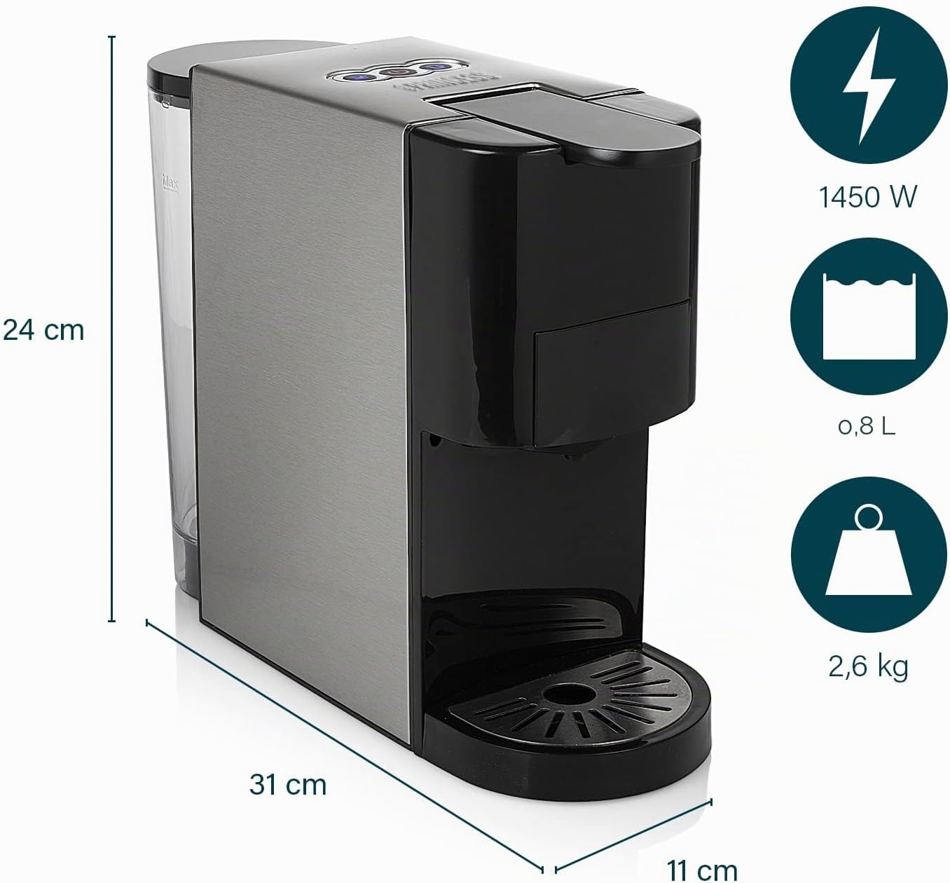Princess 01.249450.01.001 Caffettiera Multifunzione, Compatibile con capsule Nespresso,Dolce Gusto,cialde ESE e caffè macinato, 19 bar, Nero e argento, 800 ml