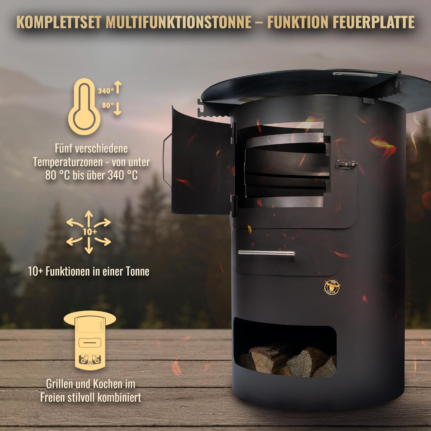 Komplettset – Multifunktionstonne mit 100cm Feuerplatte in 10mm Stärke #2066 – Feuerkorb & Zubehör – A. Weyck Tools Vielseitige Dutch Oven Station, Feuertonne & Grillfass – Hitzebeständig bis 700 Grad