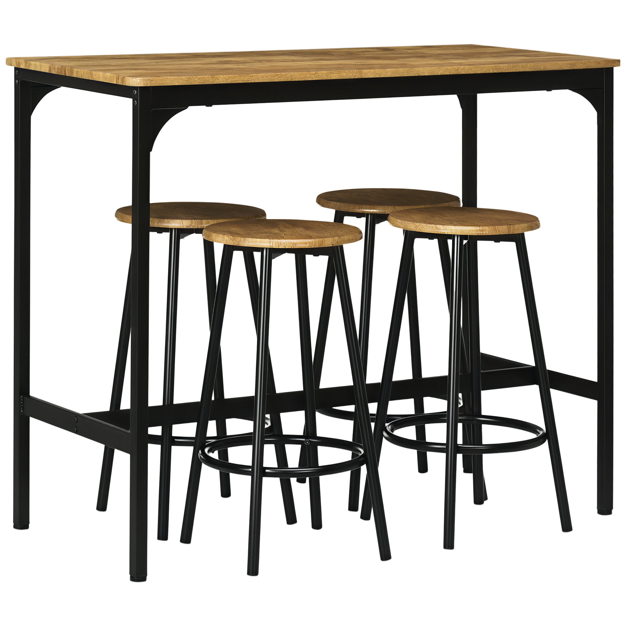 HOMCOM 5-tlg. Bartisch-Set im Industriedesign, 1 Bartisch, 4 Barhocker, Sitzgruppe, Küchentresen, Schwarz + Braun