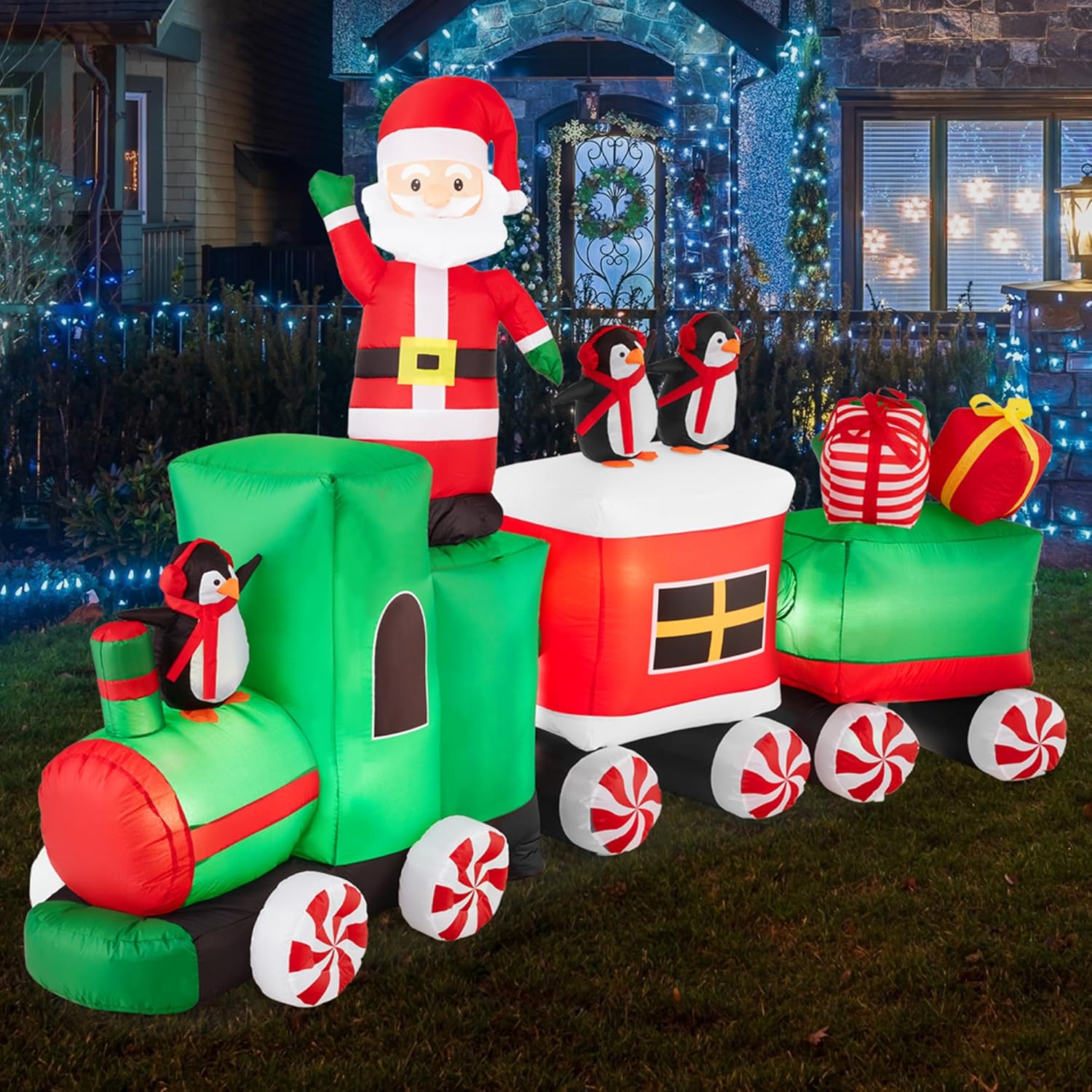 Best Choice Products Inflatable Christmas Train with LED Lights, Animated Santa & Penguins, Outdoor Holiday Decor, 8.5x5ft